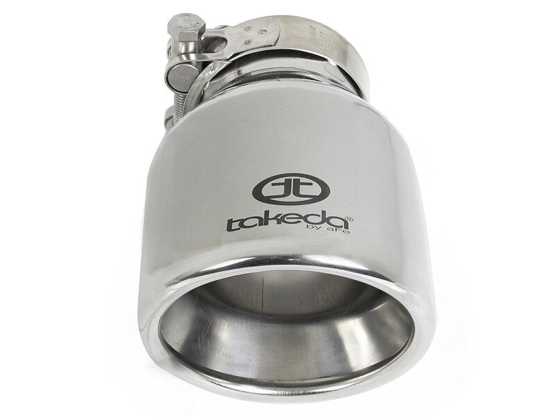 Polished stainless steel afe Takeda universal exhaust tip with a 2-1/2 inch inlet, 4 inch outlet, and 6 inch length.