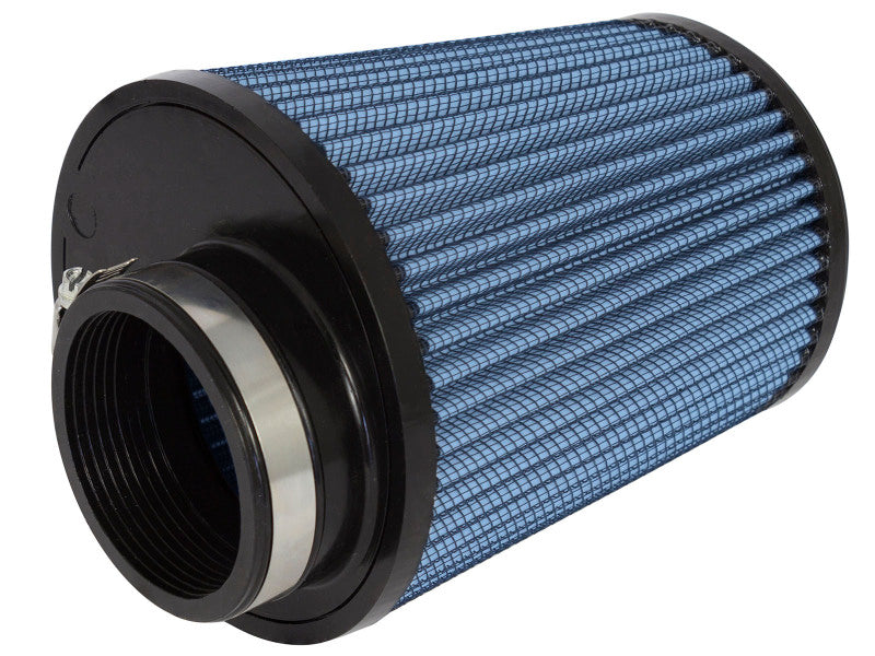 afe Magnum FLOW Universal Air Filter with a blue mesh design, featuring an offset inlet and compact dimensions for optimal airflow.