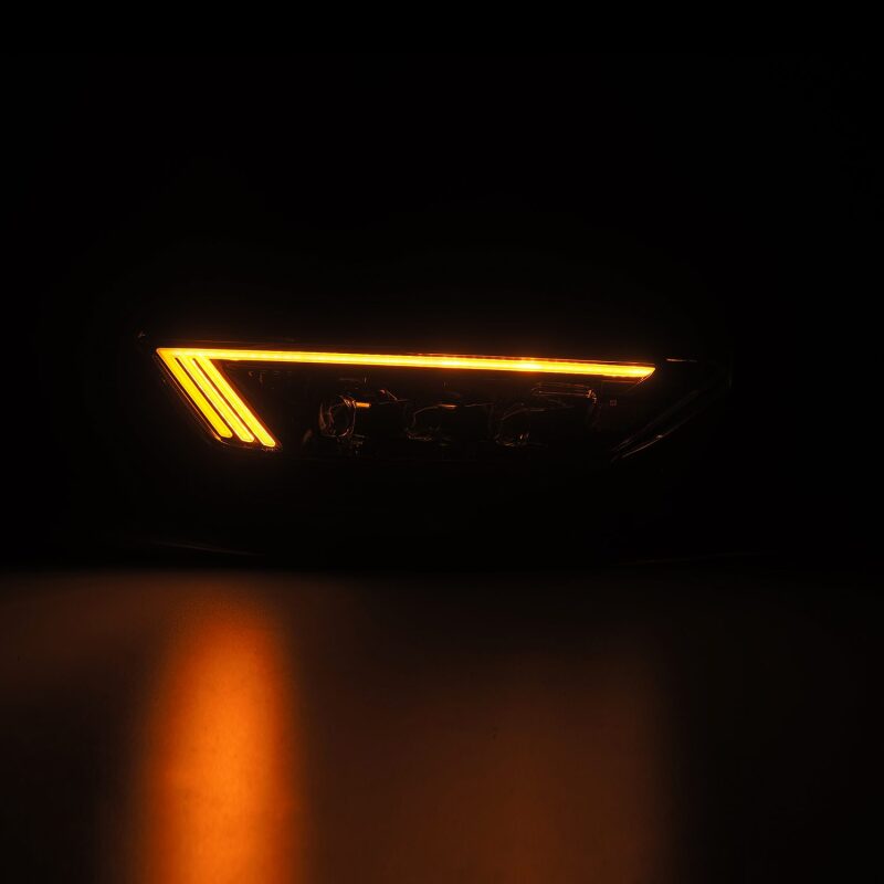 AlphaRex NOVA LED projector headlight for 15-17 Ford Mustang in black, featuring sequential signal and switchback DRL.