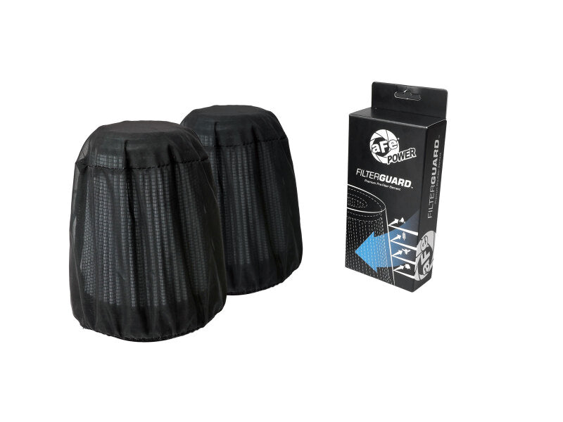 aFe Filter GUARD polyester pre-filter designed for specific air filter models, featuring a black mesh design and packaging.