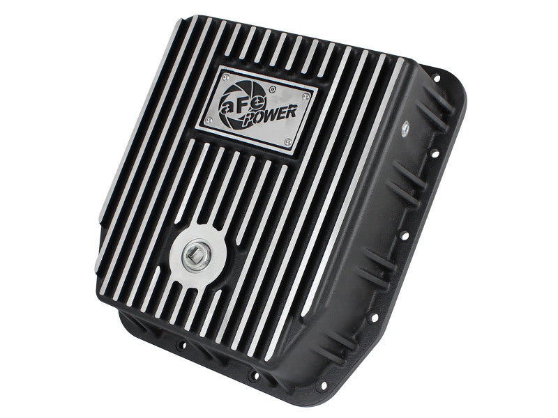 aFe POWER Transmission Pan for Ford Trucks 80-92, designed for AOD transmissions, featuring a durable design and cooling fins.