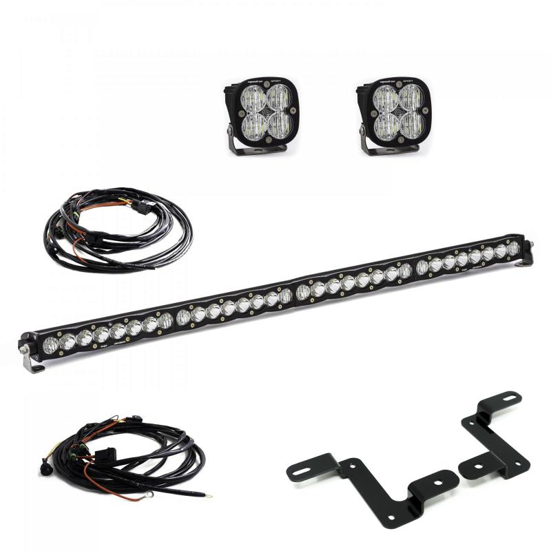 Baja Designs 2018 Wrangler JL S8 Squadron Sport 40in light bar with wiring harness and mounting brackets for enhanced visibility.