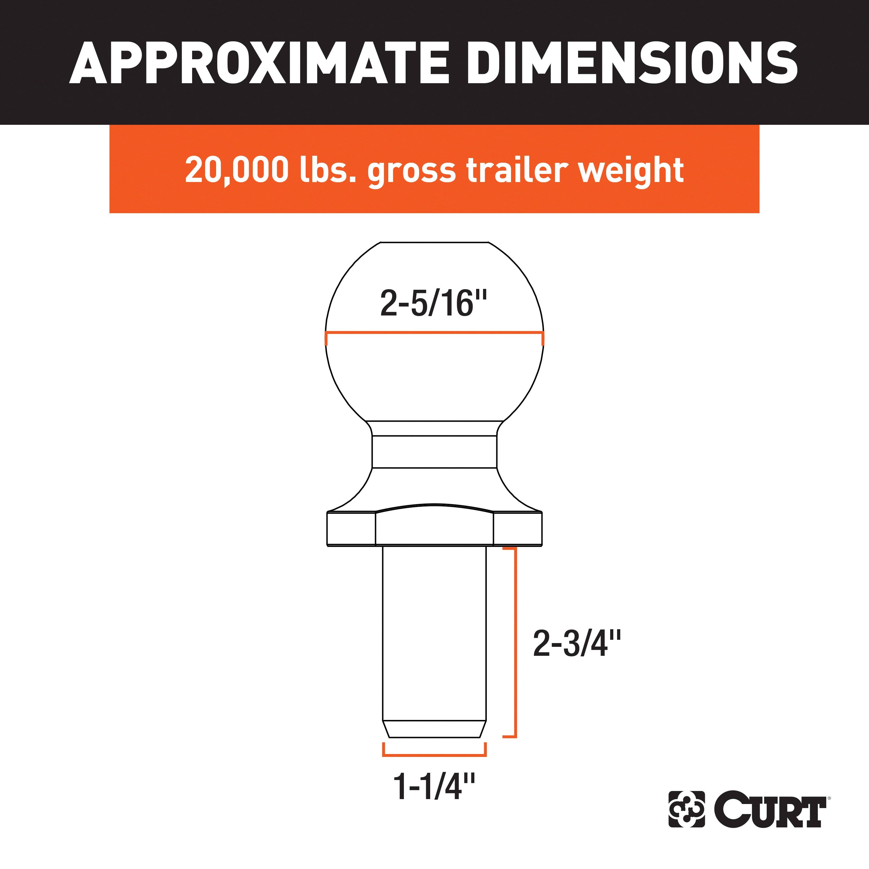 CURT Chrome Trailer Hitch Ball, 20,000 lbs, 2-5/16-Inch Diameter, 1-1/4 x 2-3/4-Inch Shank Model 40008