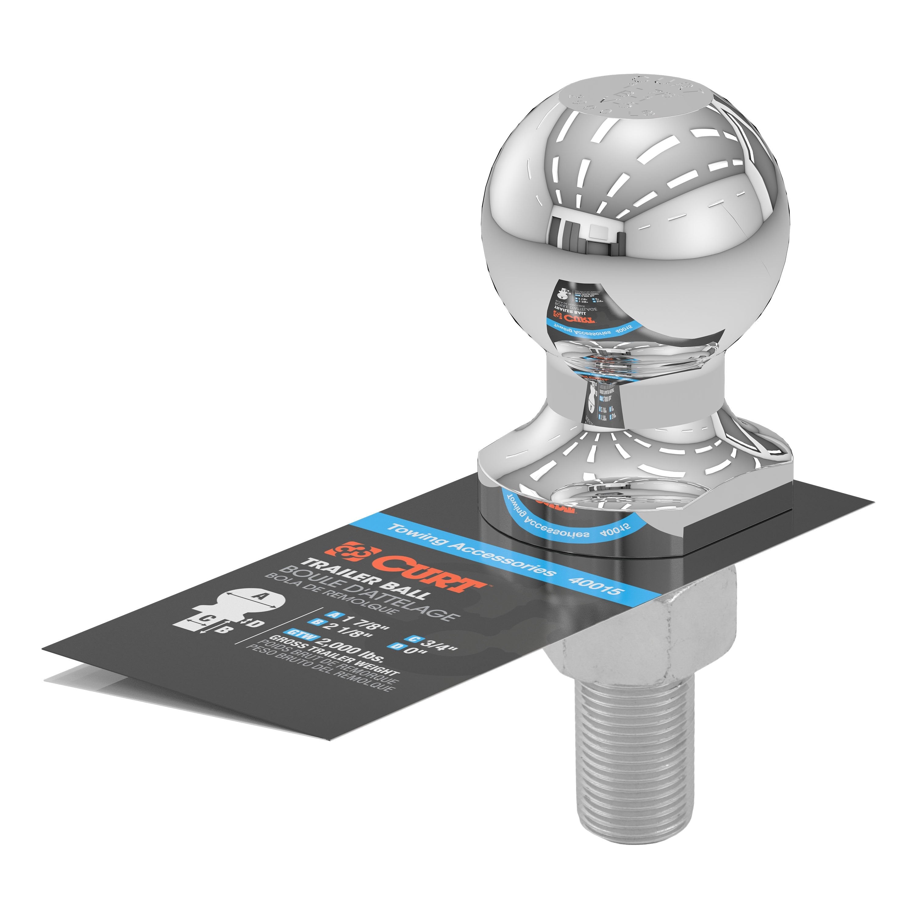 CURT Chrome Trailer Hitch Ball, 2,000 lbs, 1-7/8-Inch Diameter, 3/4 x 2-1/8-Inch Shank Model 40015