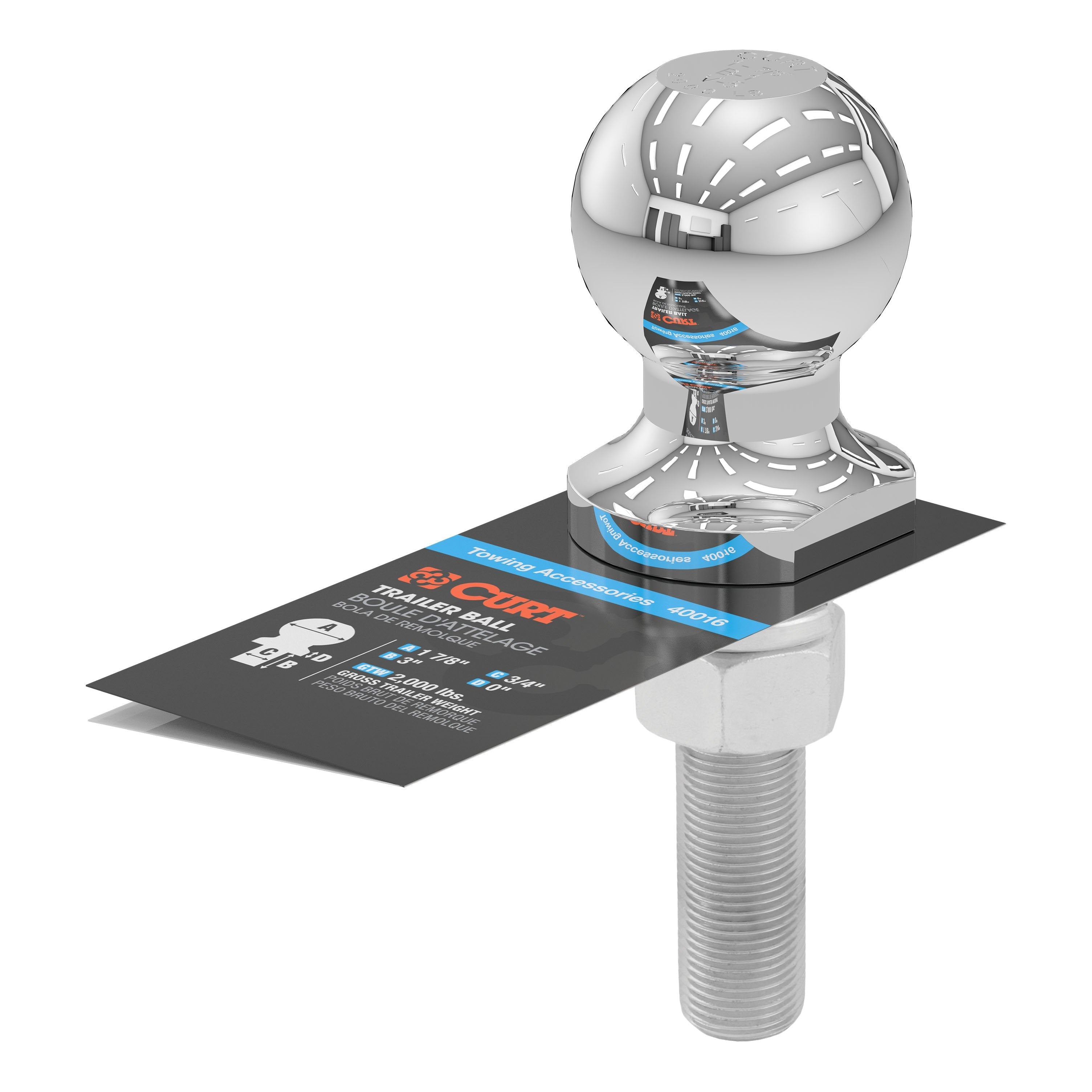 CURT Chrome Trailer Hitch Ball, 2,000 lbs, 1-7/8-Inch Diameter, 3/4 x 3-Inch Shank Model 40016