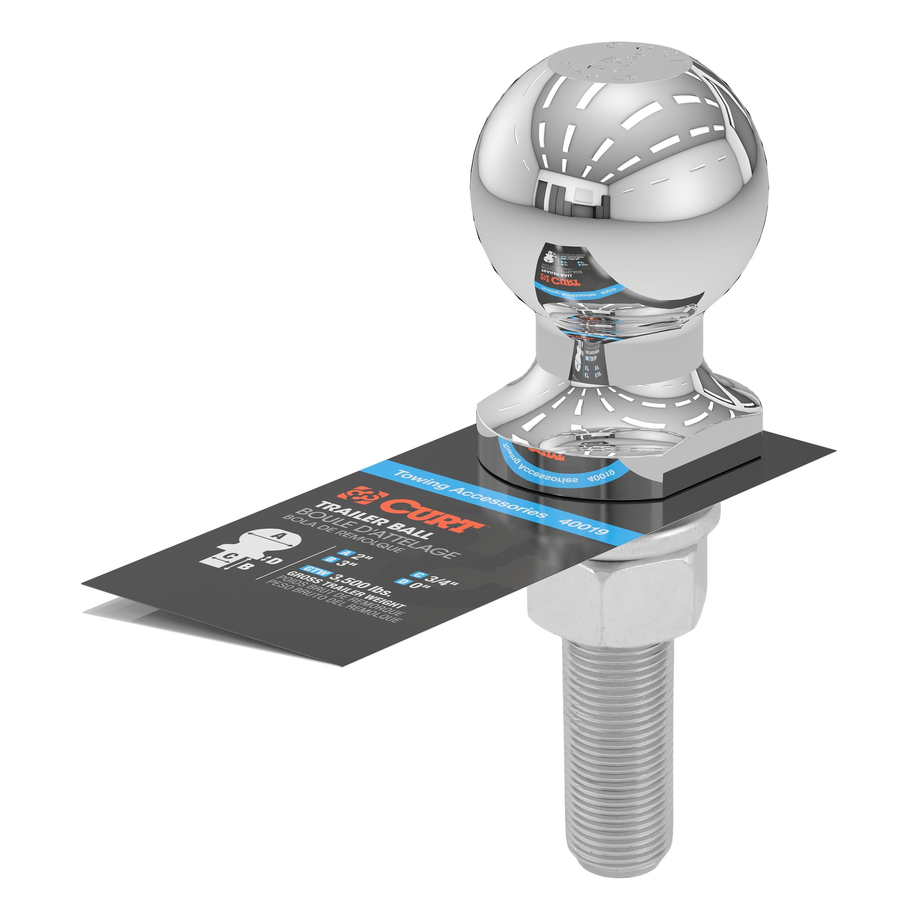 CURT Chrome Trailer Hitch Ball, 3,500 lbs, 2-Inch Diameter, 3/4 x 3-Inch Shank Model 40019