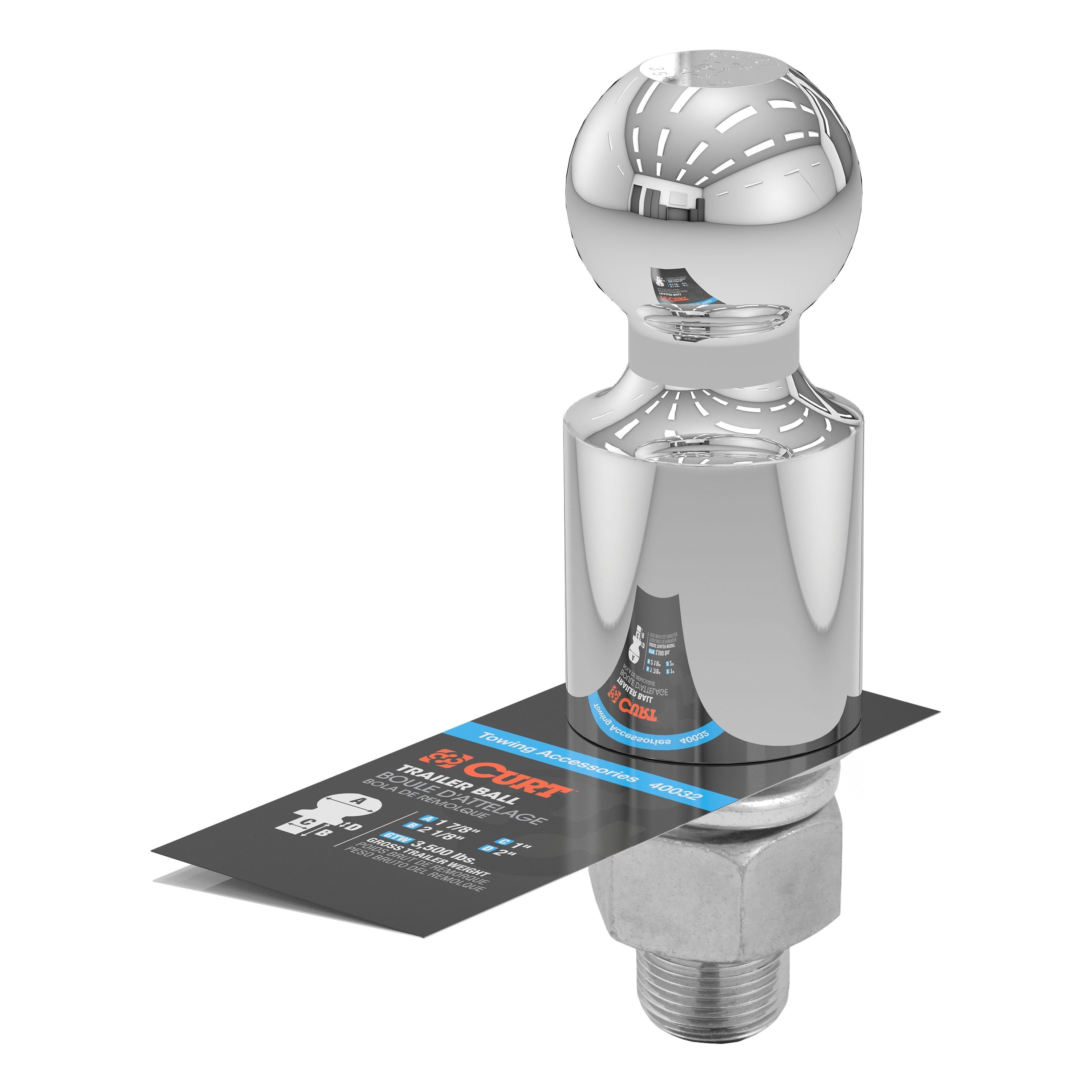 CURT Chrome Trailer Hitch Ball, 3,500 lbs, 2-Inch Rise, 1-7/8-Inch Diameter, 1 x 2-1/8-Inch Shank Model 40032