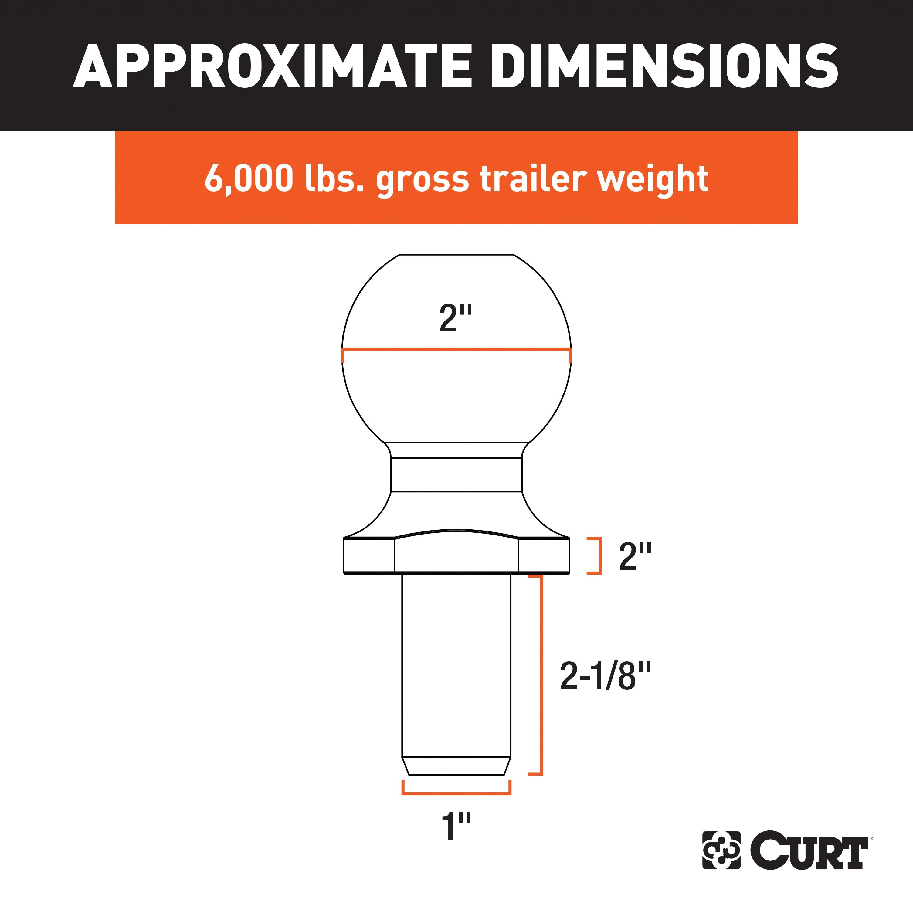 CURT Chrome Trailer Hitch Ball, 6,000 lbs, 2-Inch Rise, 2-Inch Diameter, 1 x 2-1/8-Inch Shank Model 40034