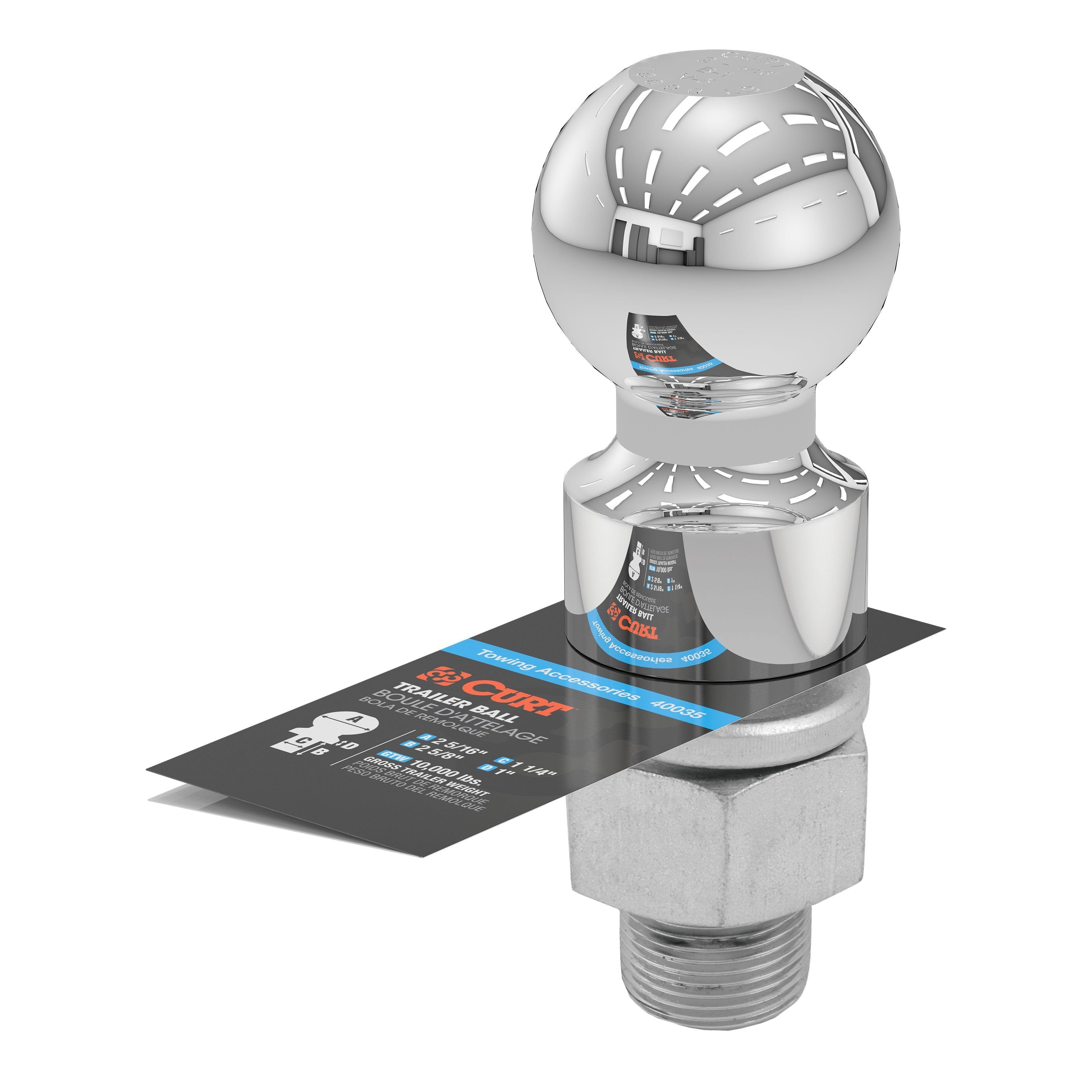 CURT Chrome Trailer Hitch Ball, 10,000 lbs, 2-Inch Rise, 2-5/16-Inch Diameter, 1-1/4 x 2-5/8-Inch Shank Model 40035