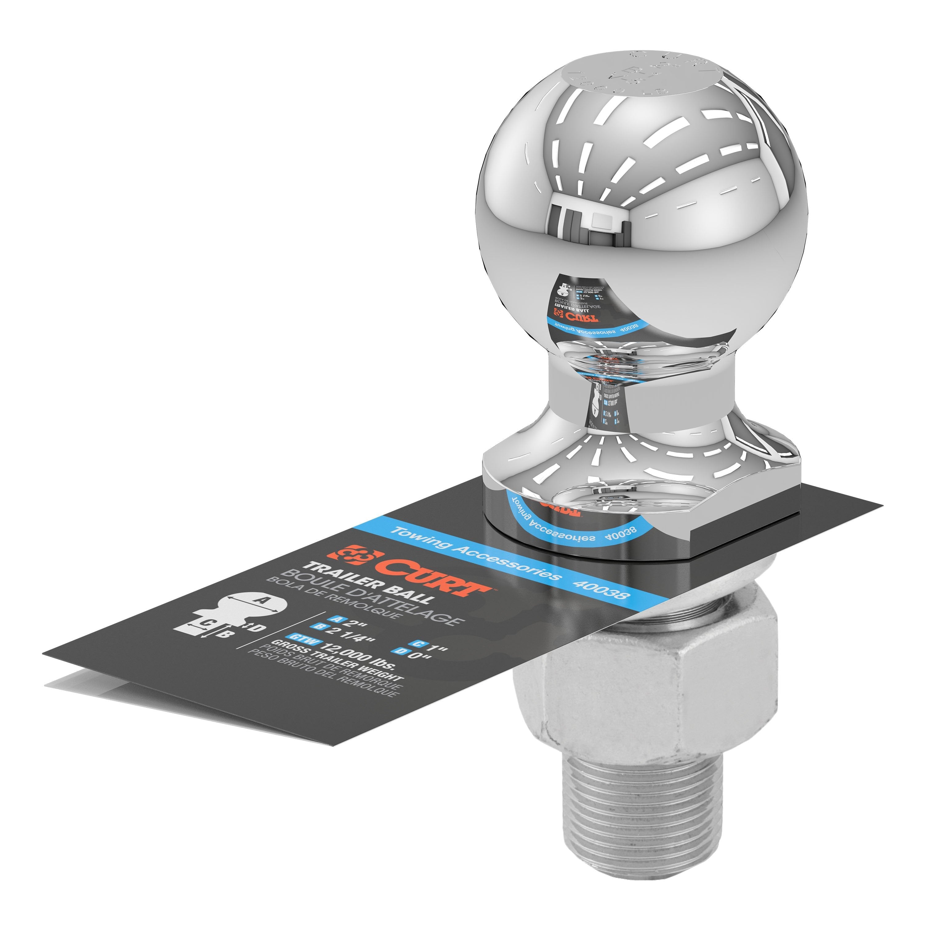 CURT Chrome Trailer Hitch Ball, 12,000 lbs, 2-Inch Diameter, 1 x 2-1/4-Inch Shank Model 40038