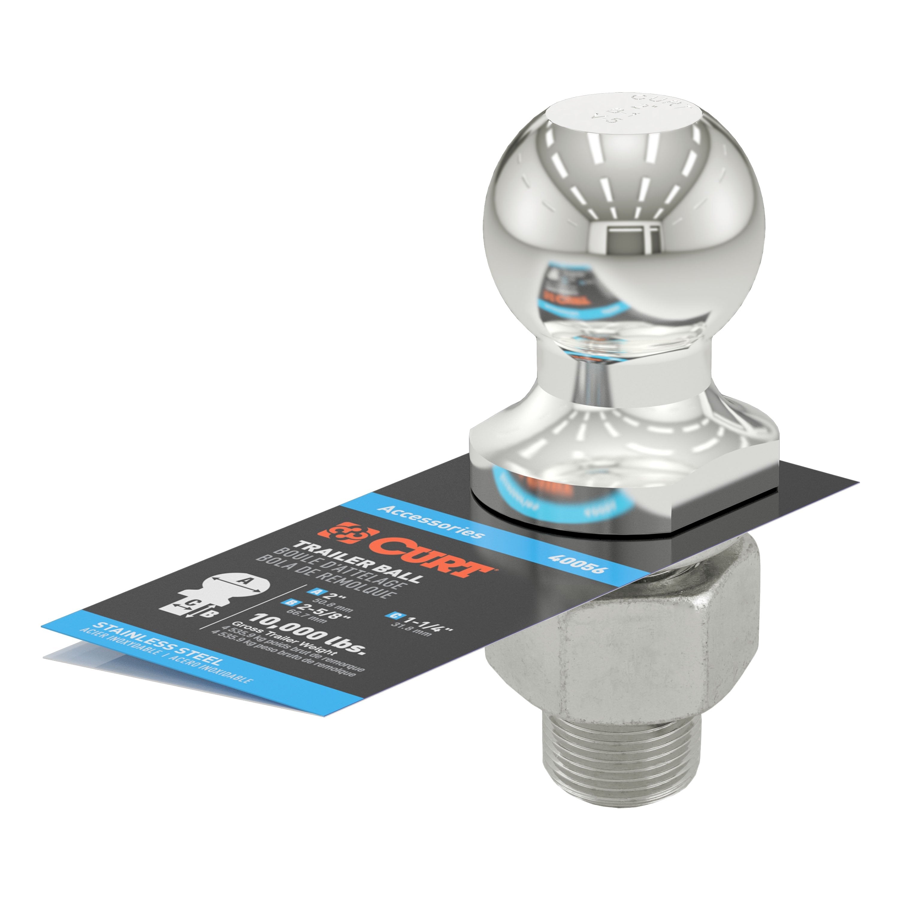 CURT Stainless Steel Trailer Hitch Ball, 10,000 lbs, 2-Inch Diameter, 1-1/4 x 2-5/8-Inch Shank Model 40056