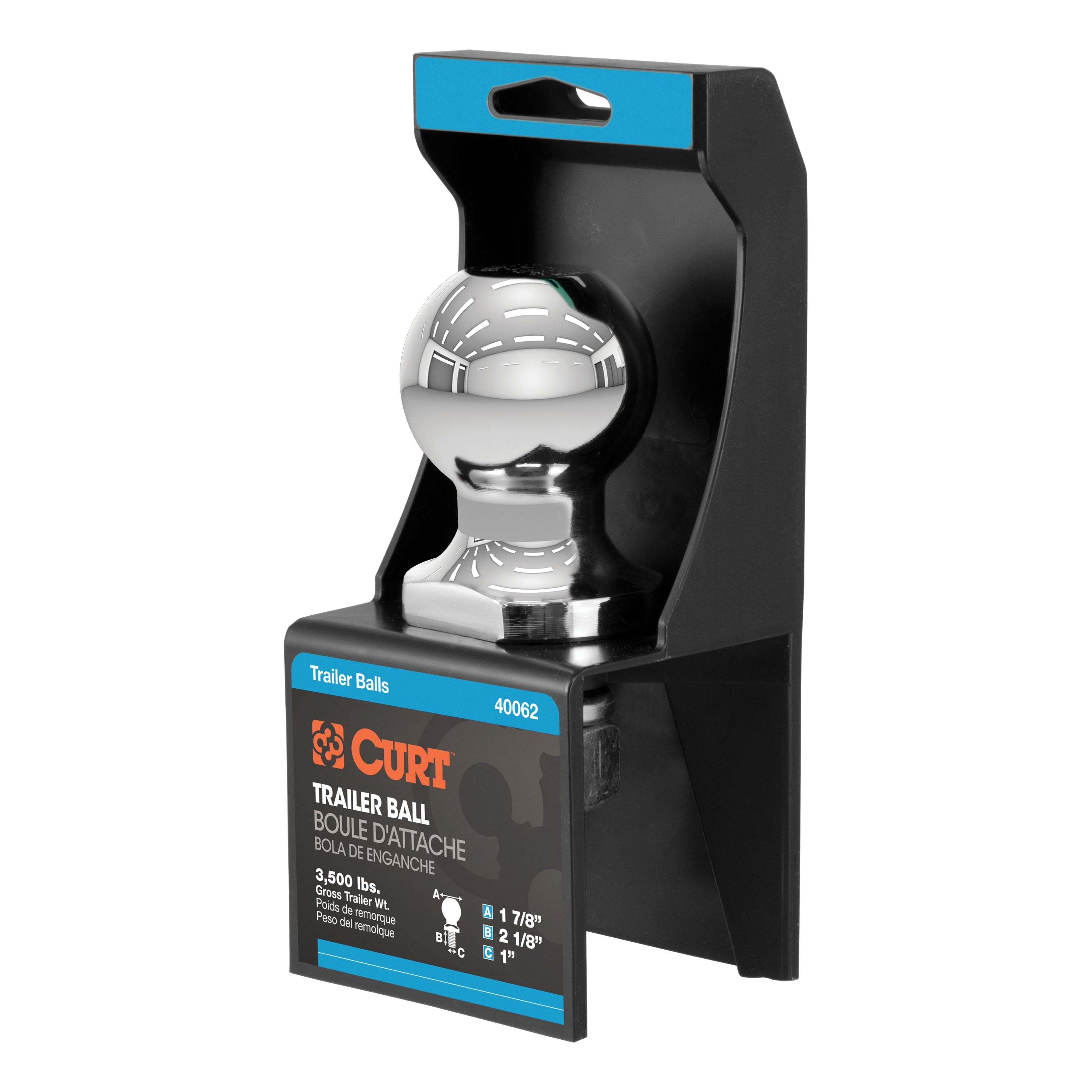 CURT Chrome Trailer Hitch Ball, 3,500 lbs, 1-7/8-Inch Diameter, 1 x 2-1/8-Inch Shank Model 40062