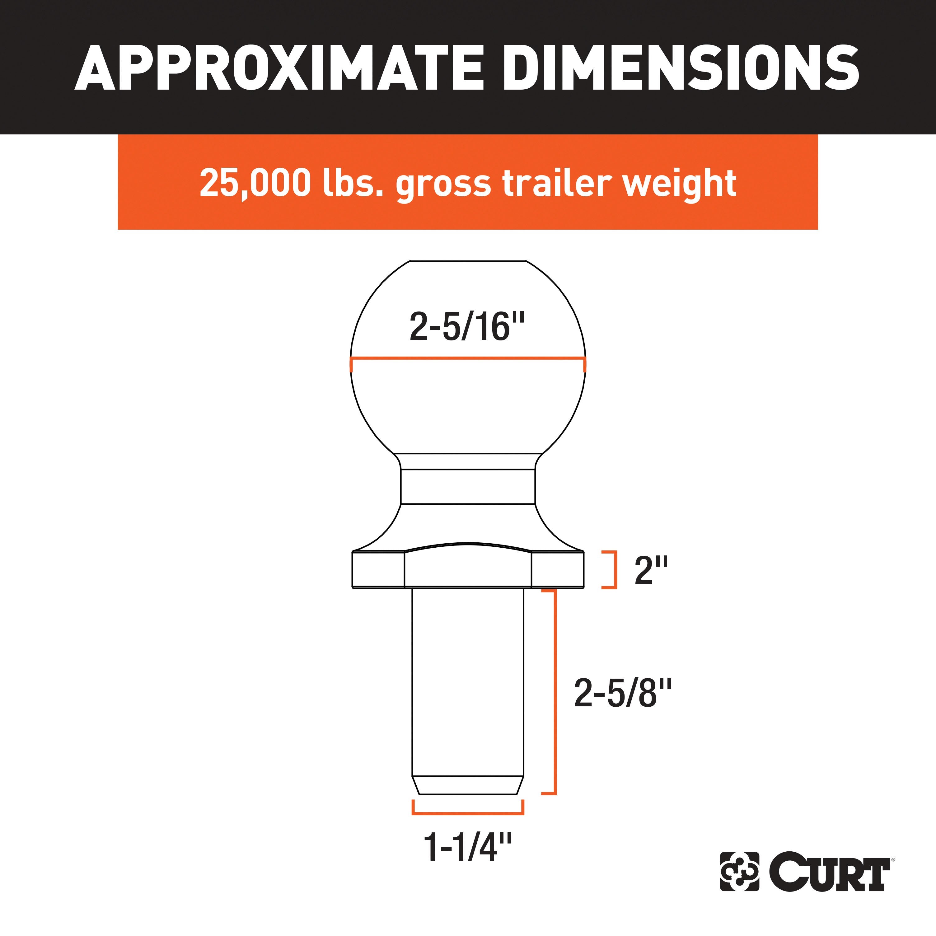 CURT Raw Steel Trailer Hitch Ball, 25,000 lbs, 2-Inch Rise, 2-5/16-Inch Diameter, 1-1/4 x 2-5/8-Inch Shank Model 40087