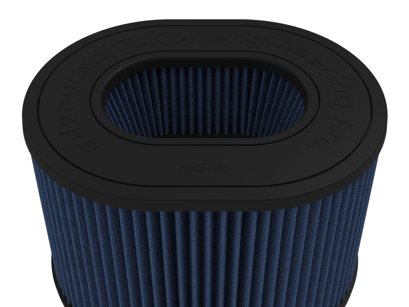 afe Magnum FORCE replacement air filter featuring a cylindrical design with a blue pleated filter element and a black rubber frame.