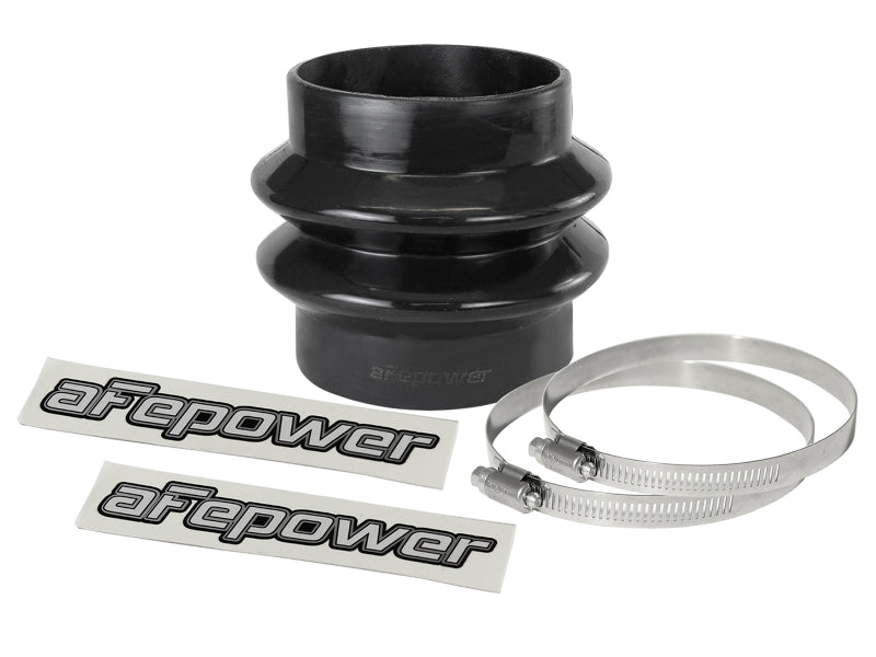 afe Magnum FORCE Intake Coupling Kit featuring a black straight coupling, two stainless steel clamps, and branded stickers.