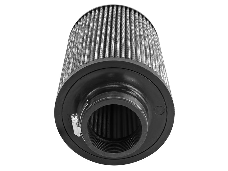 Inverted air filter with a cylindrical design, featuring a metal mesh exterior and a rubber base for enhanced airflow.