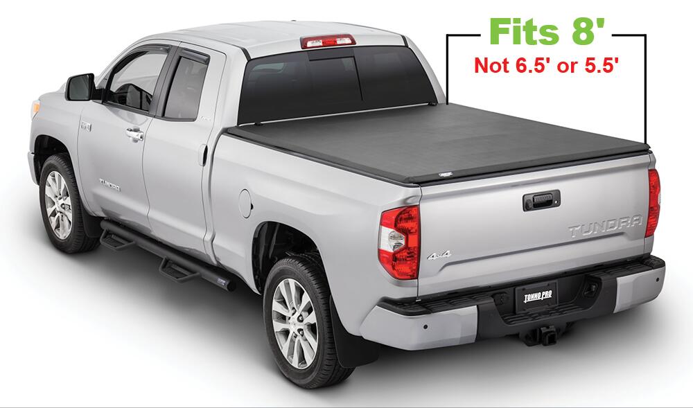 Soft Folding Tonneau Cover 14-21 Toyota Tundra Incl Utility Track Adapter Kit W/O Trail Special Edition Storage Box 8 Foot 2 Inch Tonno Pro