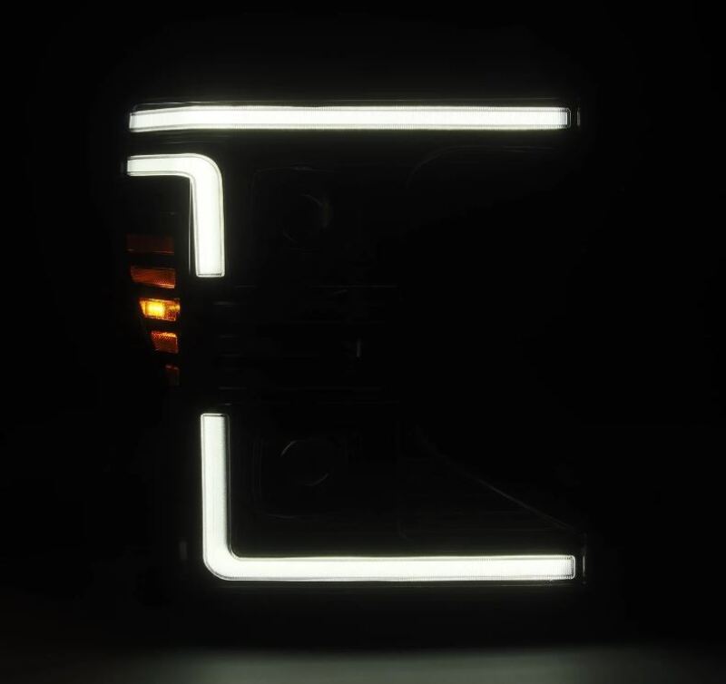 AlphaRex projector headlights for 20-22 Ford F150 in black, featuring sequential signal and daytime running lights.