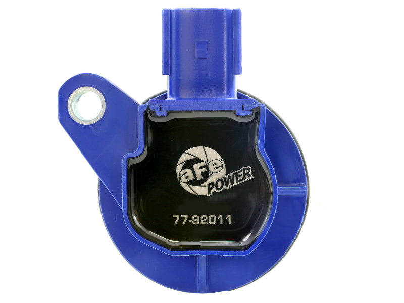 afe SCORCHER ignition coil for Ford Mustang and F-150, designed for 2011-2016 V8 5.0L engines, featuring a blue casing.