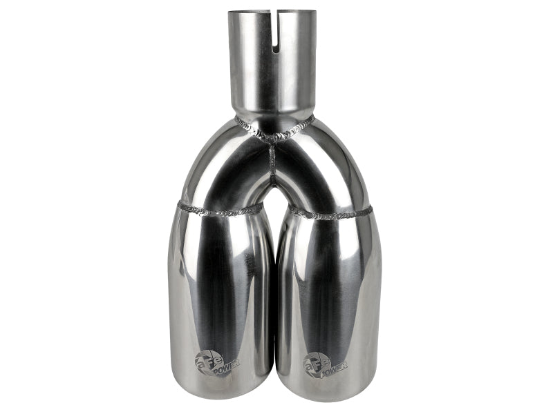 AFE MACH Force-Xp universal exhaust tip with a 2-1/2 inch inlet, 3-1/2 inch outlet, and 12 inch length, featuring a polished finish.