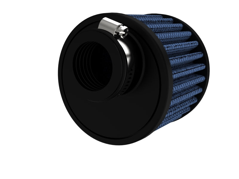 Afe Magnum FLOW crankcase vent filter with a black exterior and blue filter material, measuring 1-1/4 inches by 3-3/4 inches.