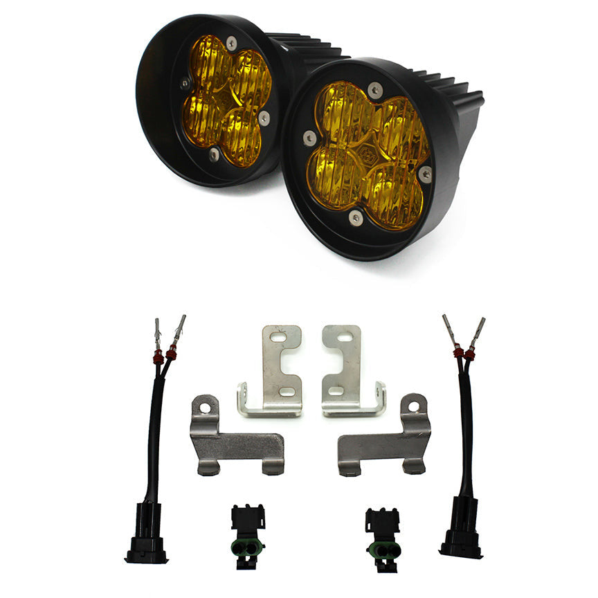 Baja Designs fog light kit for Tacoma, Tundra, and 4Runner featuring amber Squadron SAE lights and installation hardware.