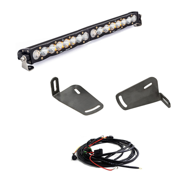 Baja Designs 2019+ Ram Rebel 1500 S8 20-inch bumper kit with clear lights, mounting brackets, and wiring harness.