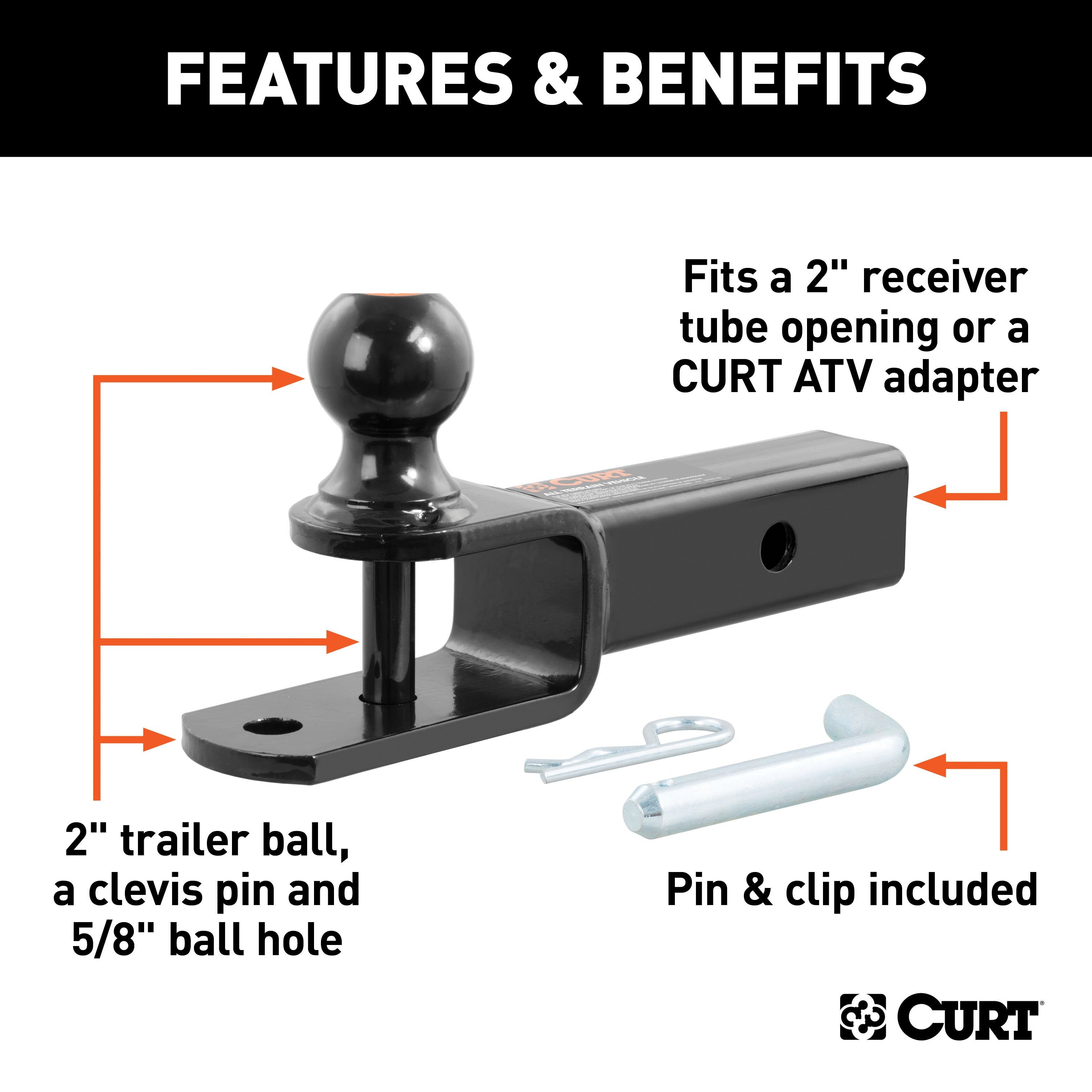 CURT 3-in-1 ATV Trailer Hitch Mount, 2-Inch Ball, Clevis Pin, 5/8-Inch Hole, Fits 2-Inch Receiver Model 45009
