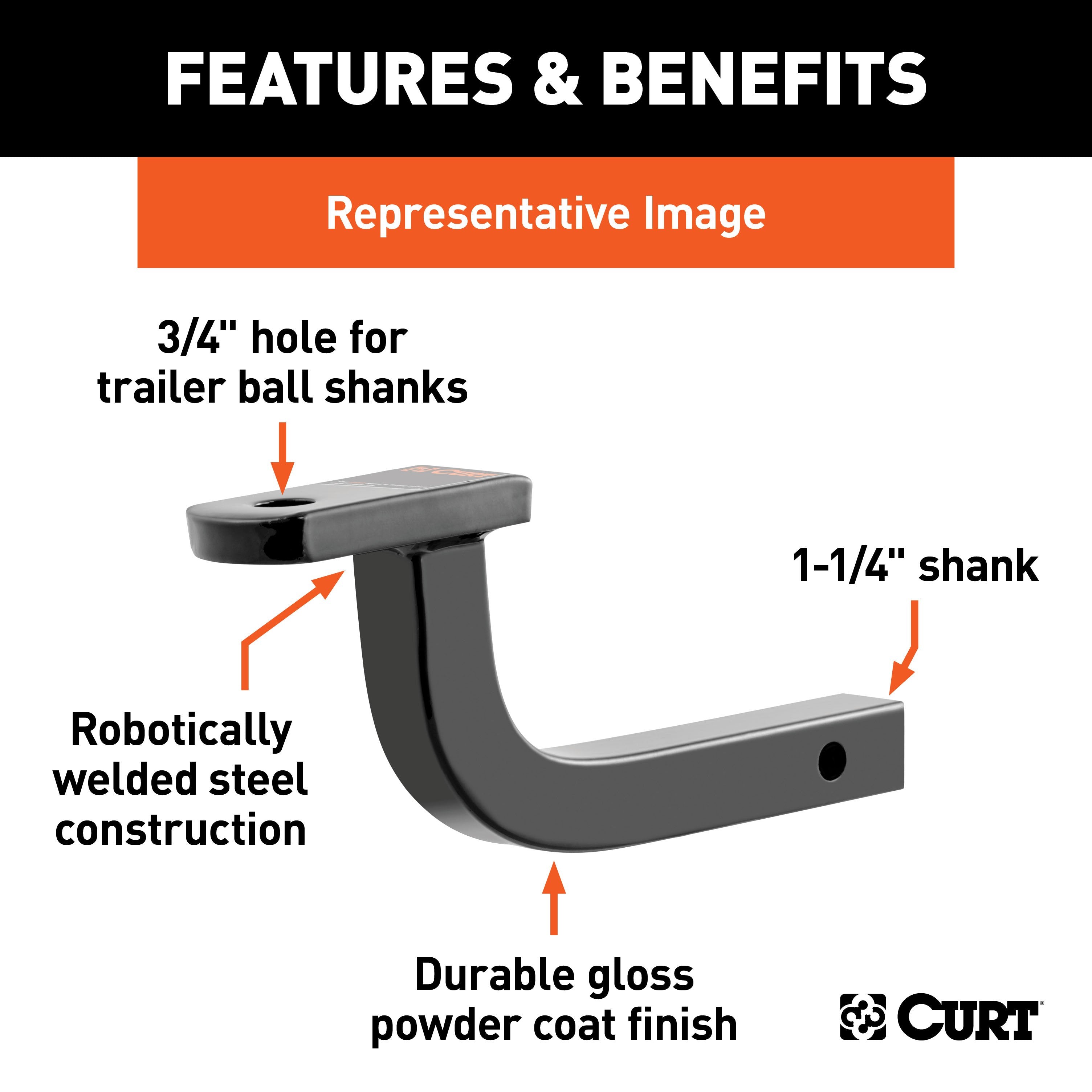 CURT Class 2 Trailer Hitch Ball Mount, Fits 1-1/4-Inch Receiver, 3,500 lbs, 3/4-Inch Hole, 5-Inch Rise Model 45014