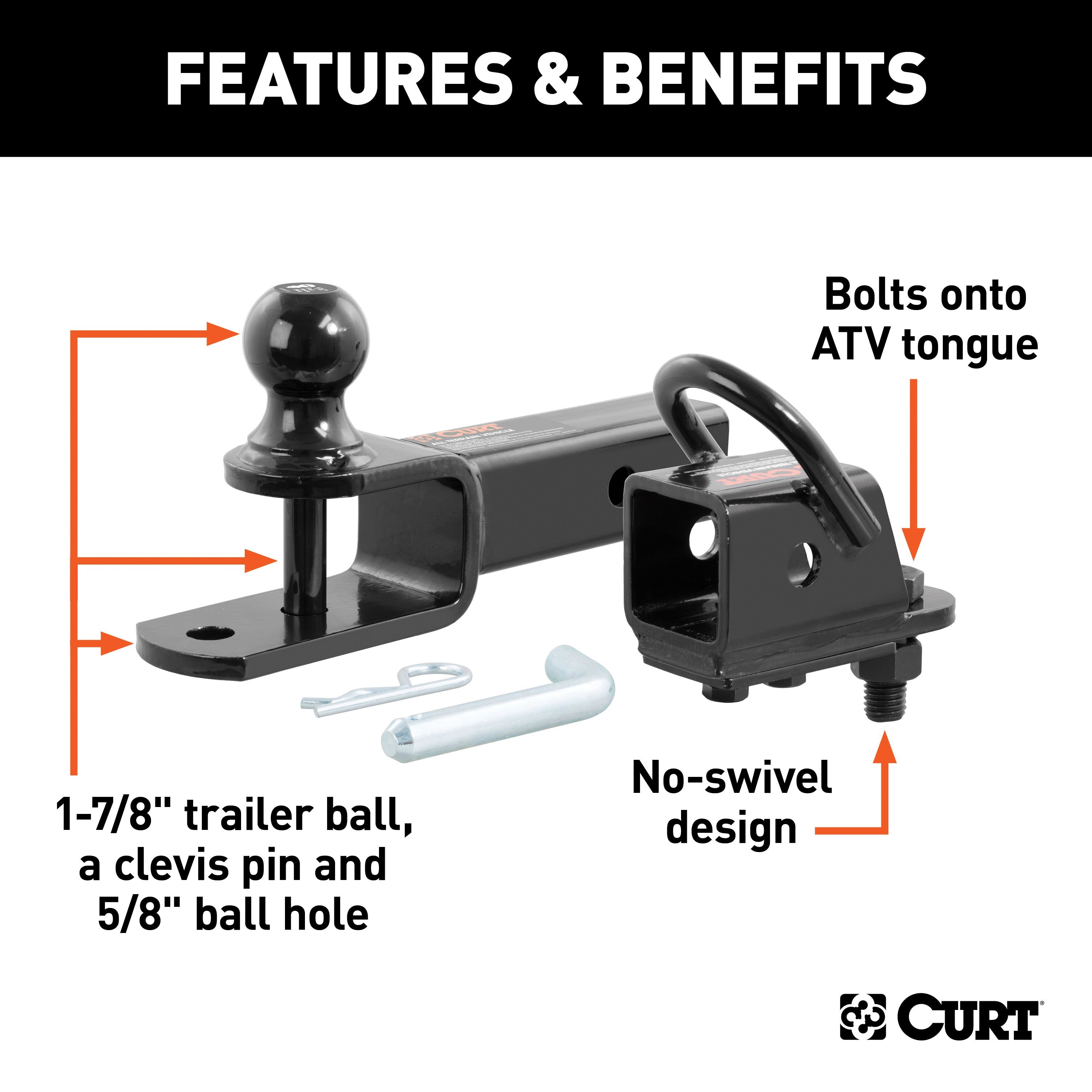 CURT 3-in-1 UTV, ATV Trailer Hitch Mount with 2-Inch Receiver Adapter, 1-7/8-Inch Ball, Clevis Pin, 5/8-Inch Hole Model 45029