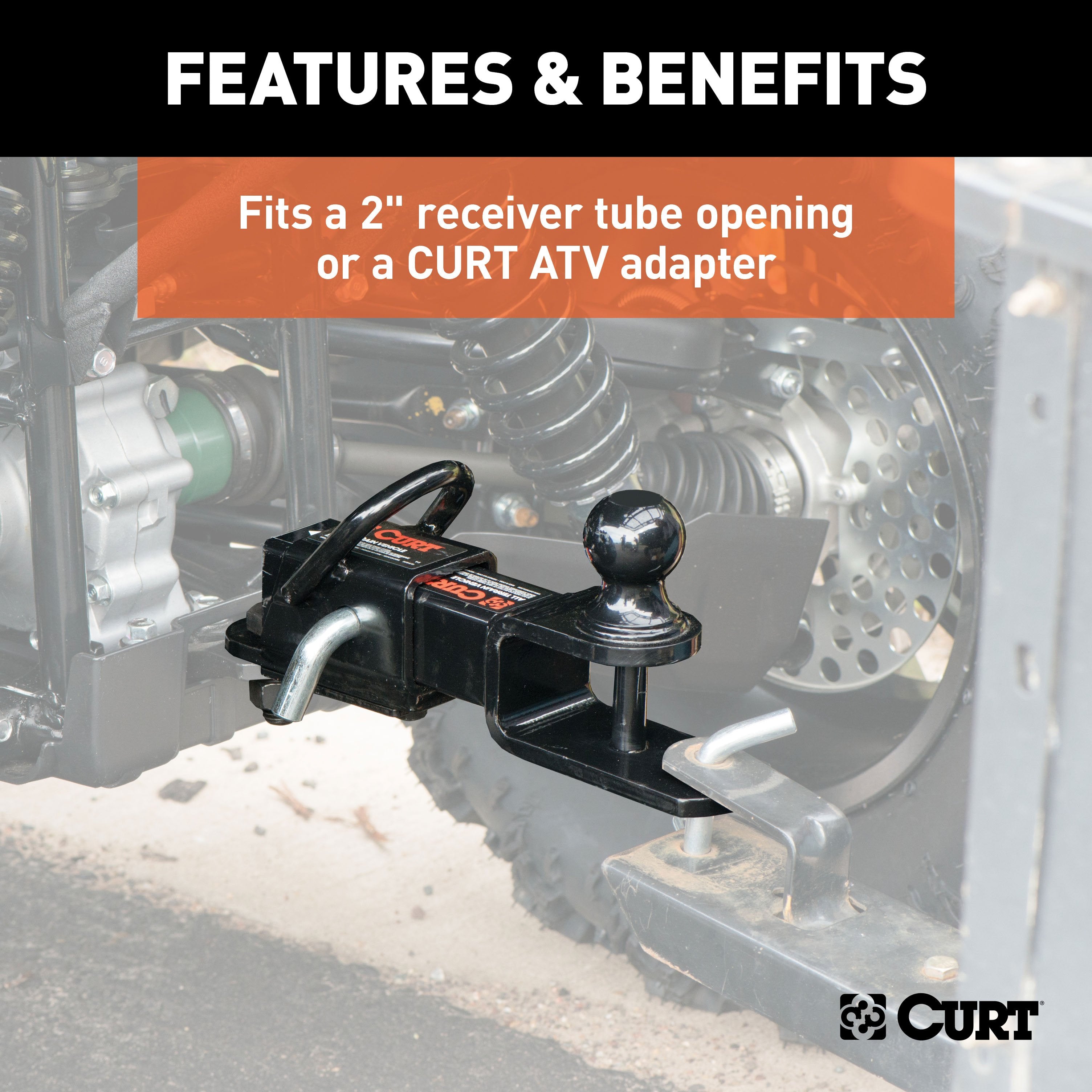CURT 3-in-1 UTV, ATV Trailer Hitch Mount with 2-Inch Receiver Adapter, 1-7/8-Inch Ball, Clevis Pin, 5/8-Inch Hole Model 45029
