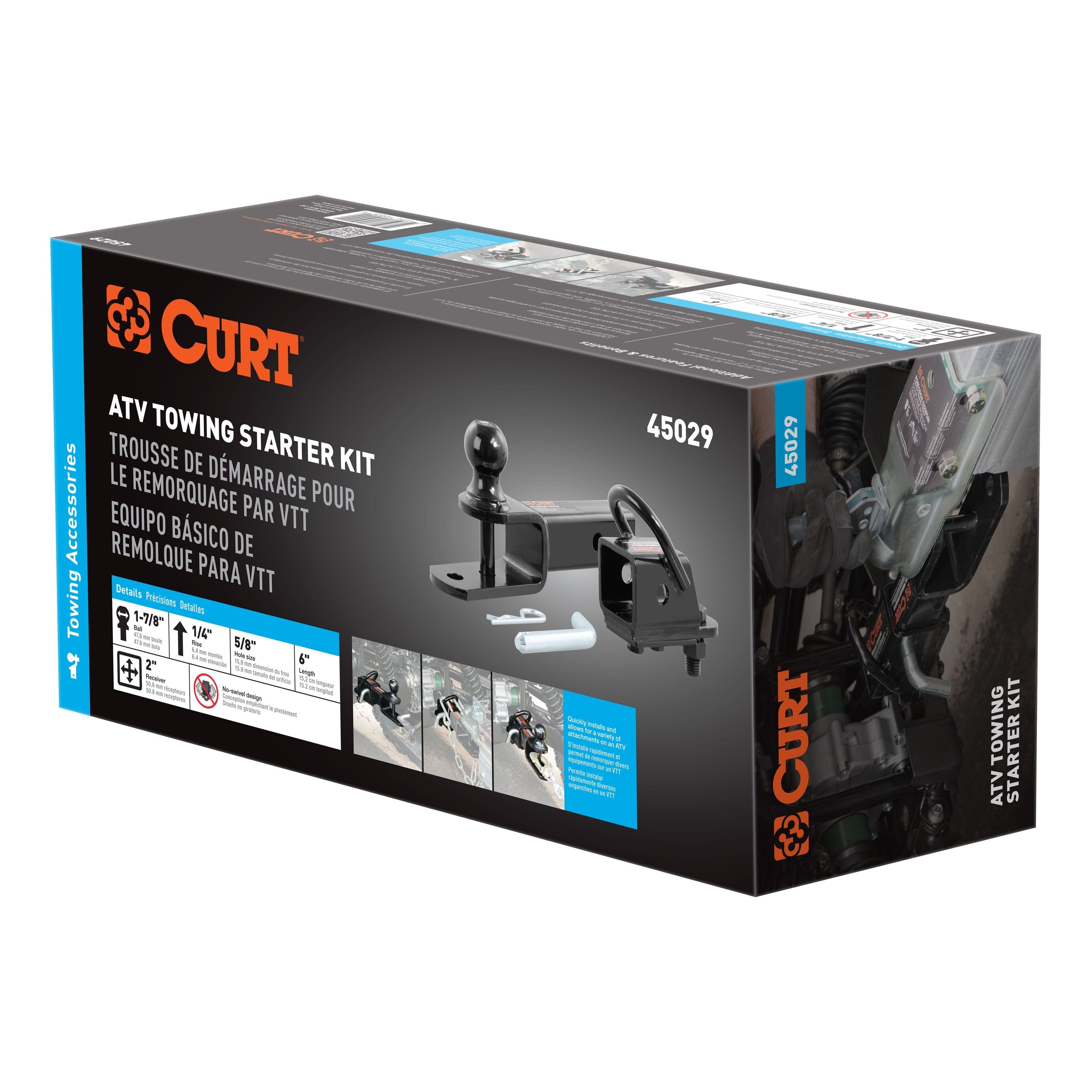 CURT 3-in-1 UTV, ATV Trailer Hitch Mount with 2-Inch Receiver Adapter, 1-7/8-Inch Ball, Clevis Pin, 5/8-Inch Hole Model 45029