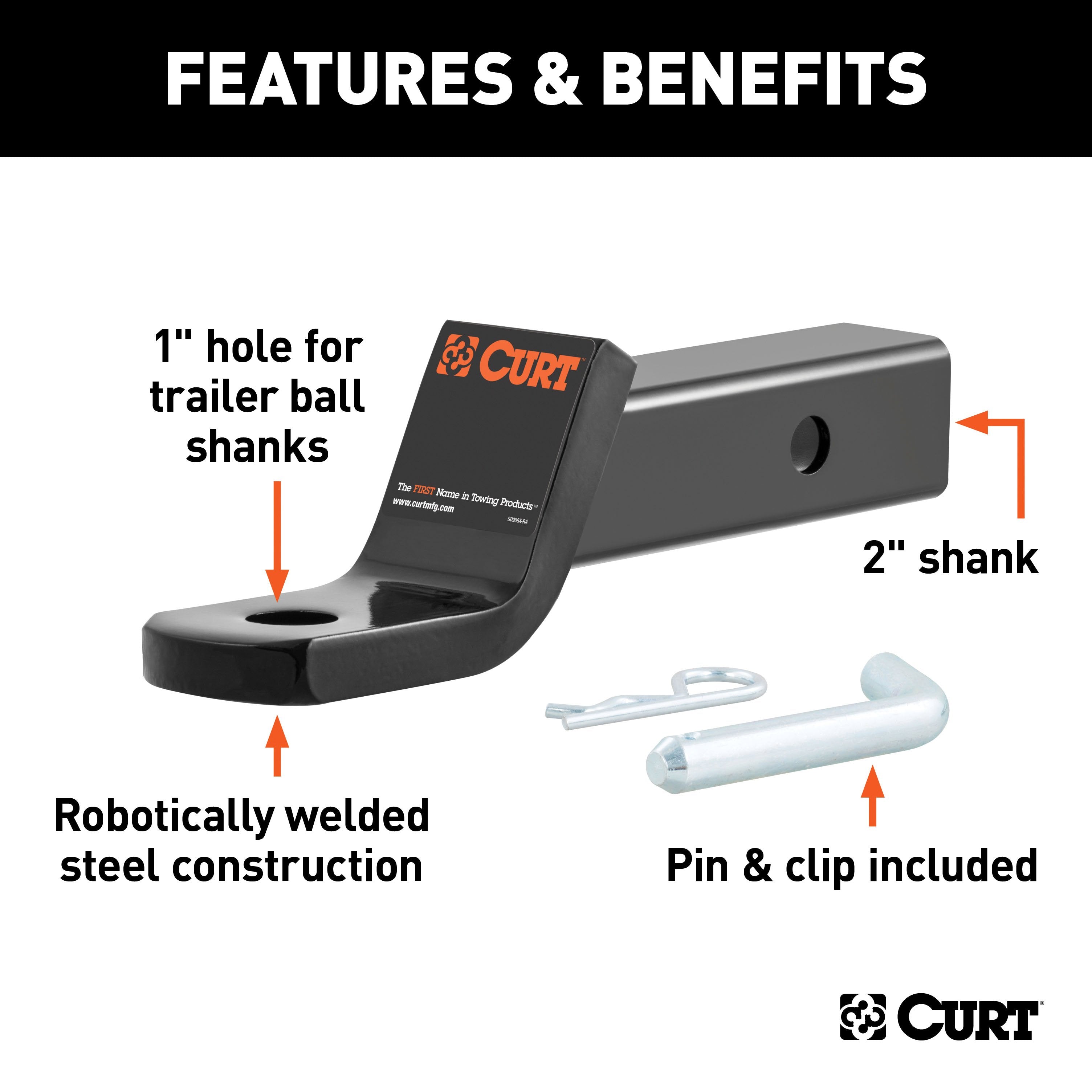 CURT Class 3 Trailer Hitch Ball Mount and Pin, Fits 2-Inch Receiver, 7,500 lbs, 1-Inch Hole, 2-In Drop, 3/4-Inch Rise Model 45032