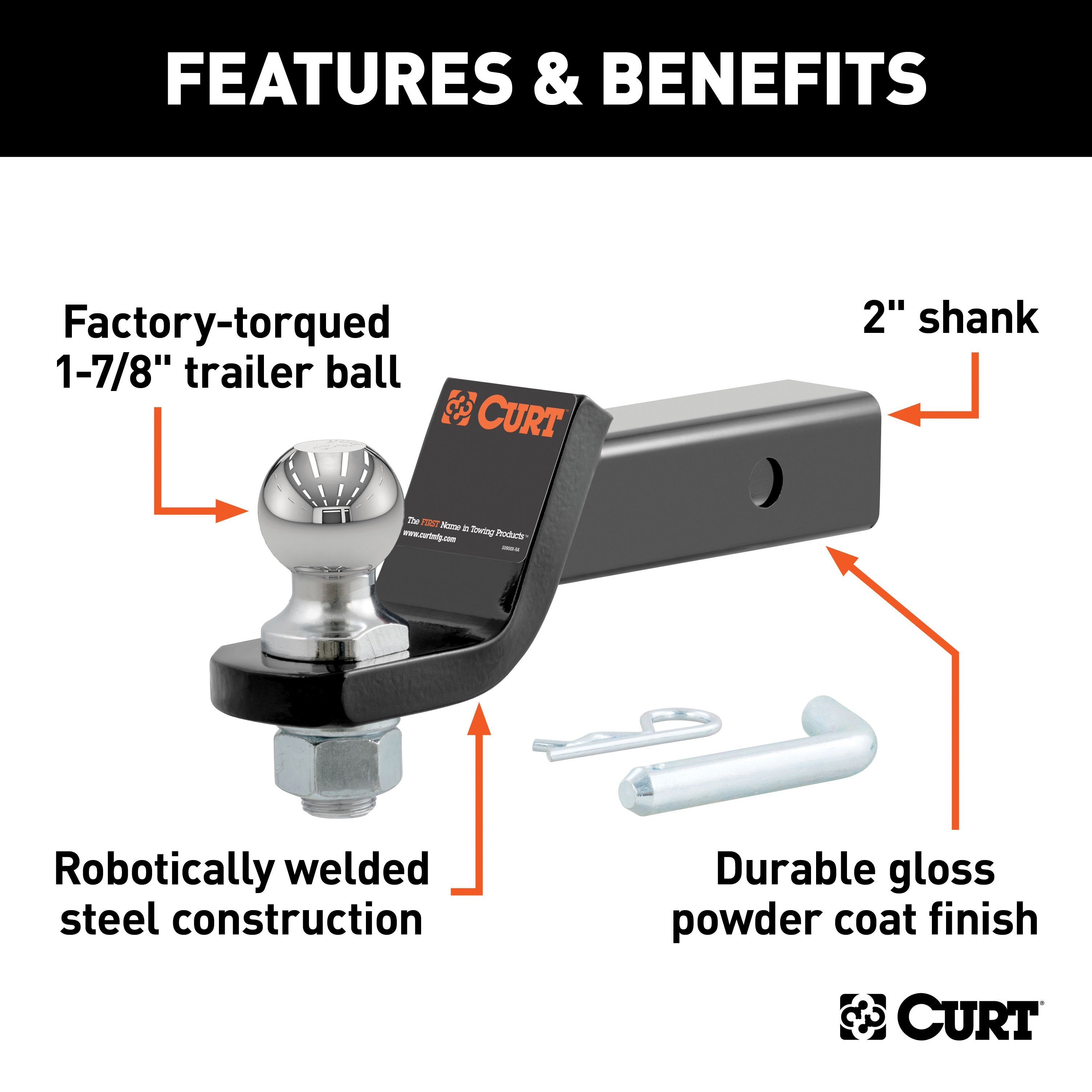 CURT Trailer Hitch Mount with 1-7/8-Inch Ball & Pin, Fits 2-Inch Receiver, 7,500 lbs, 2-In Drop Model 45034
