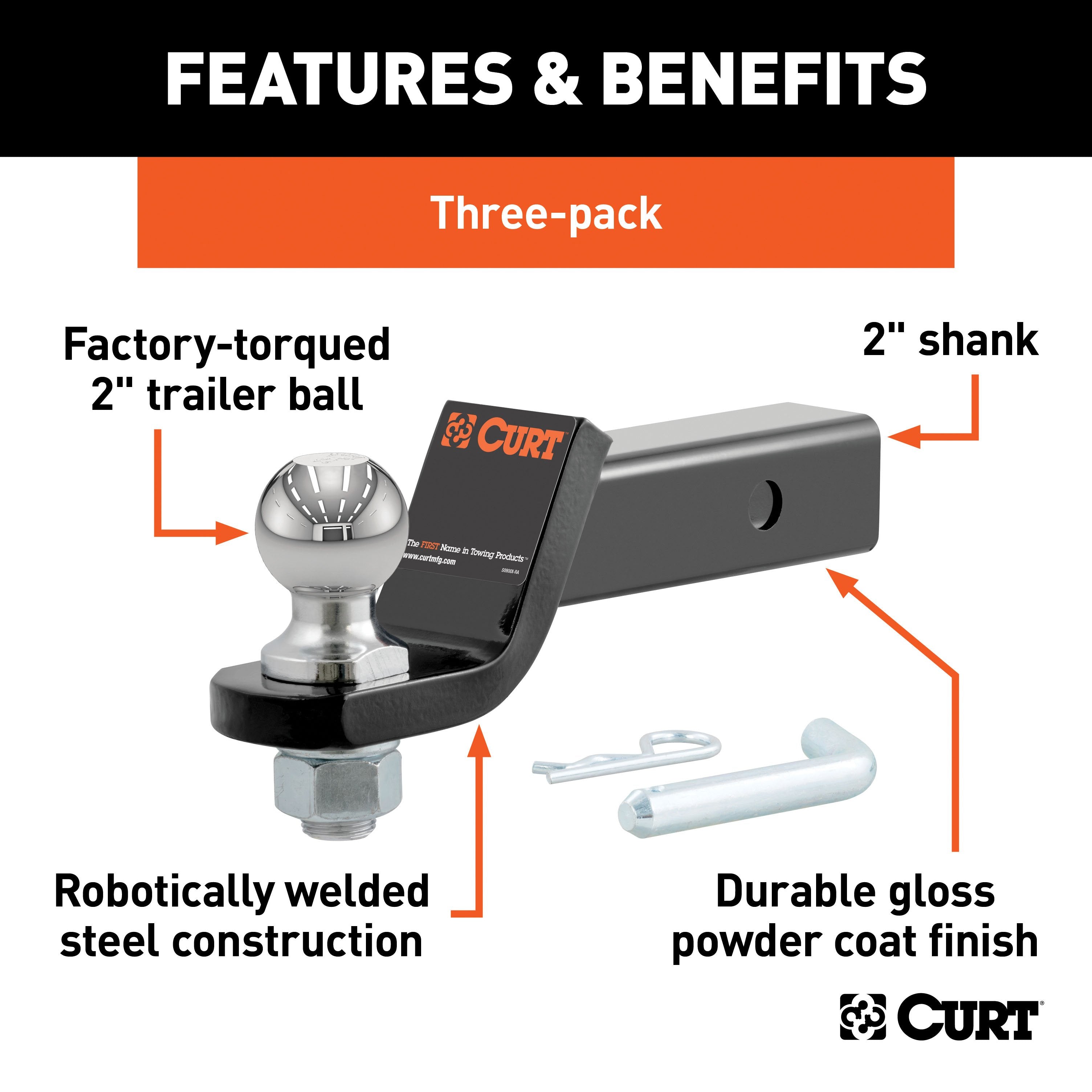 CURT Trailer Hitch Mounts with 2-Inch Ball & Pin, Fits 2-In Receiver, 7,500 lbs, 2" Drop, 3-Pack Model 45037