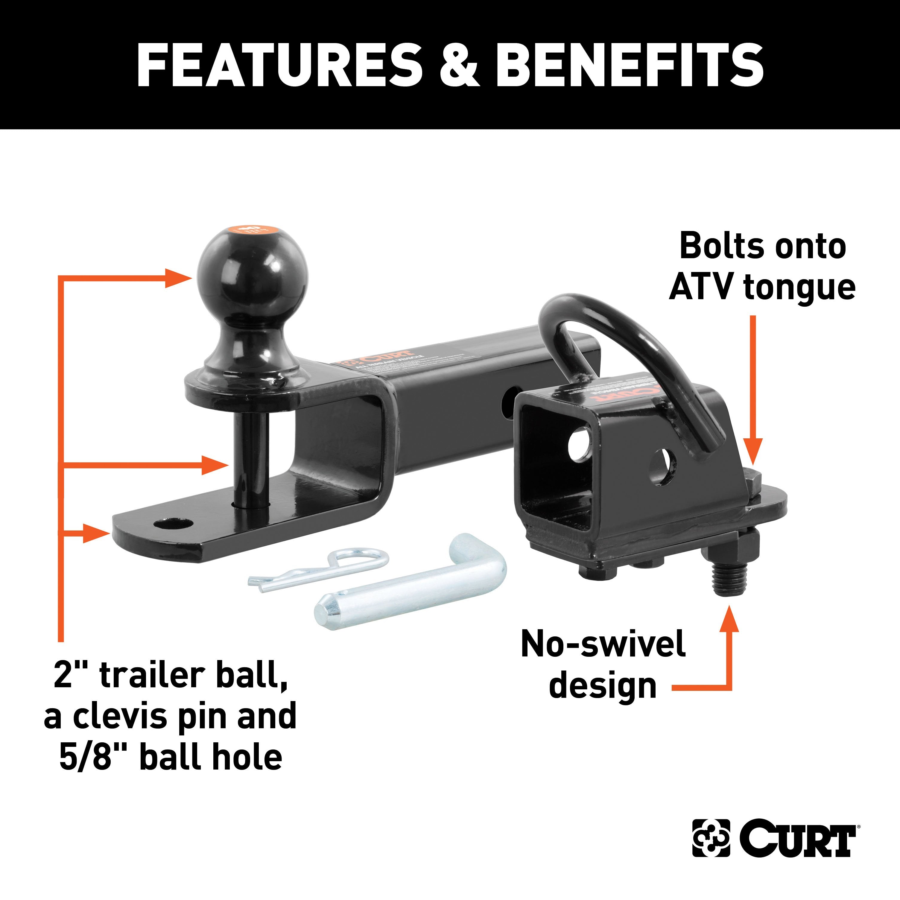 CURT 3-in-1 UTV, ATV Trailer Hitch Mount with 2-Inch Receiver Adapter, 2-Inch Ball, Clevis Pin, 5/8-Inch Hole Model 45038
