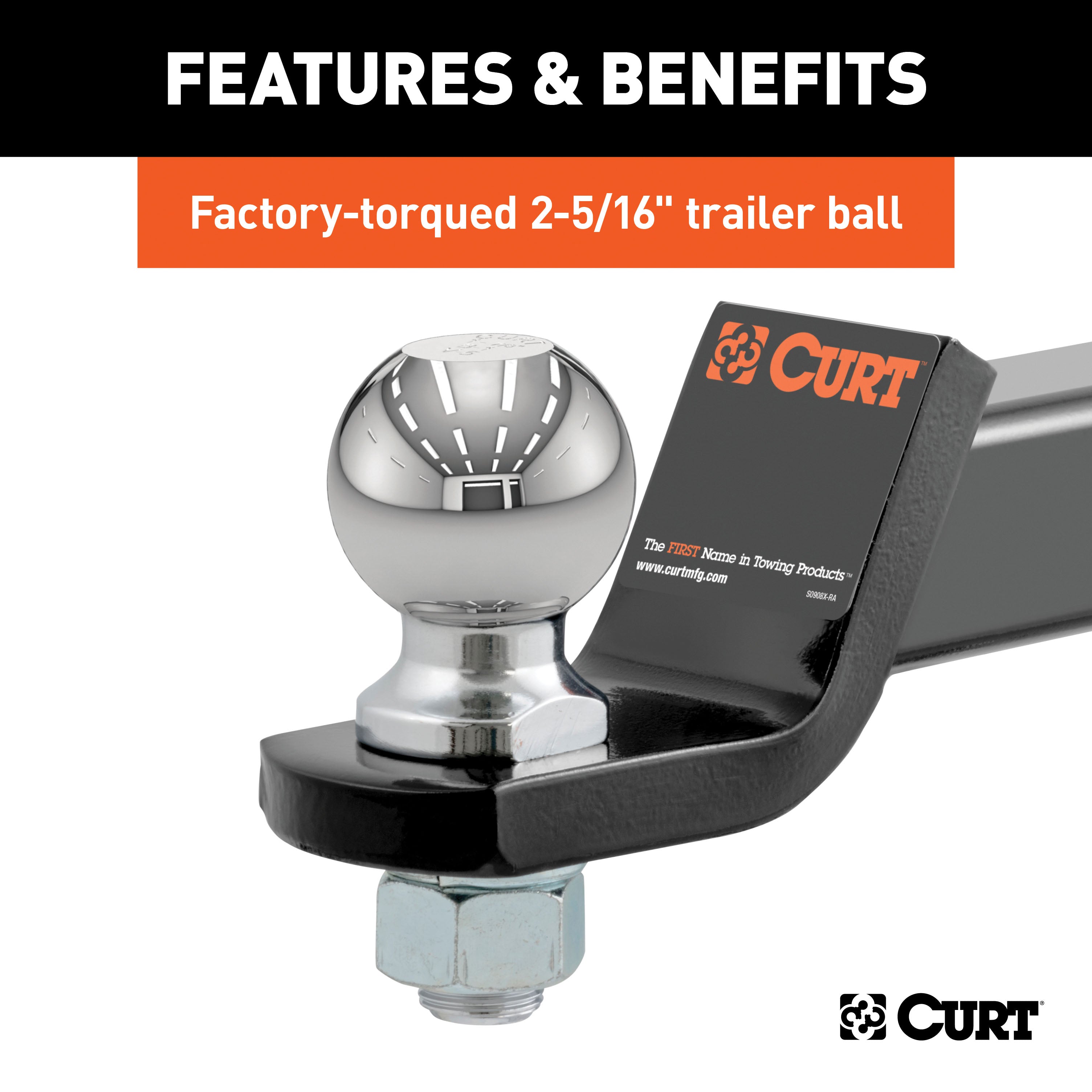 CURT Trailer Hitch Mount with 2-5/16-Inch Ball & Pin, Fits 2-Inch Receiver, 7,500 lbs, 2-In Drop Model 45041
