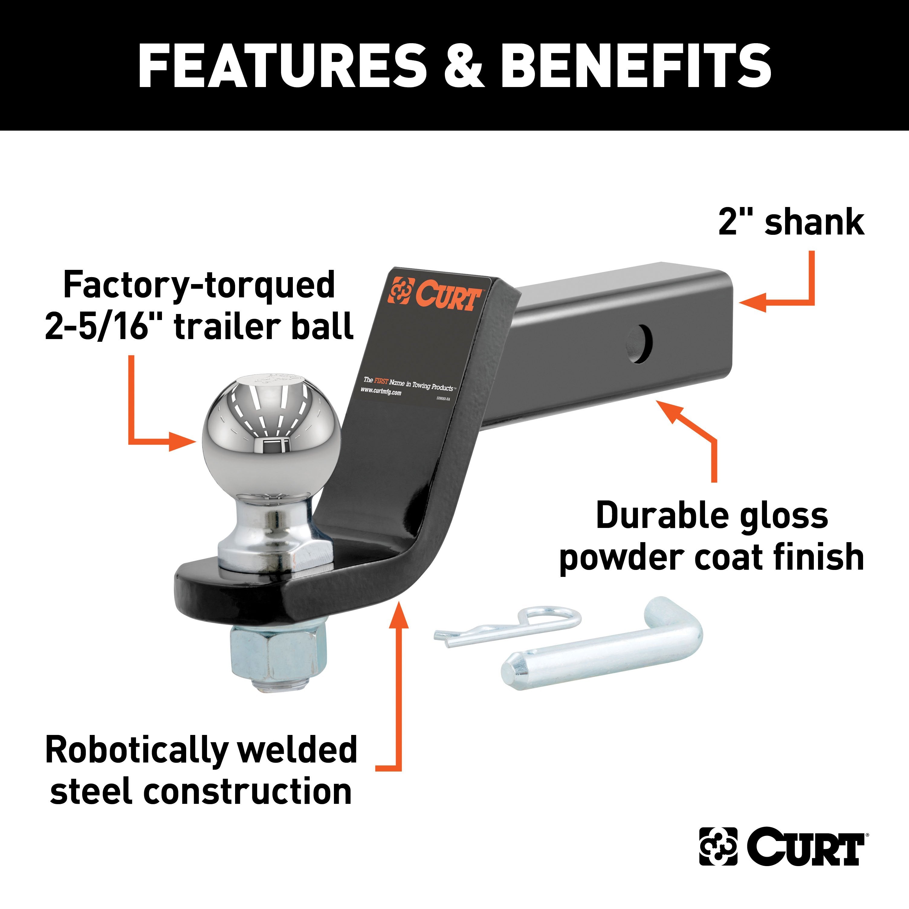 CURT Trailer Hitch Mount with 2-5/16-Inch Ball & Pin, Fits 2-Inch Receiver, 7,500 lbs, 4-Inch Drop Model 45042