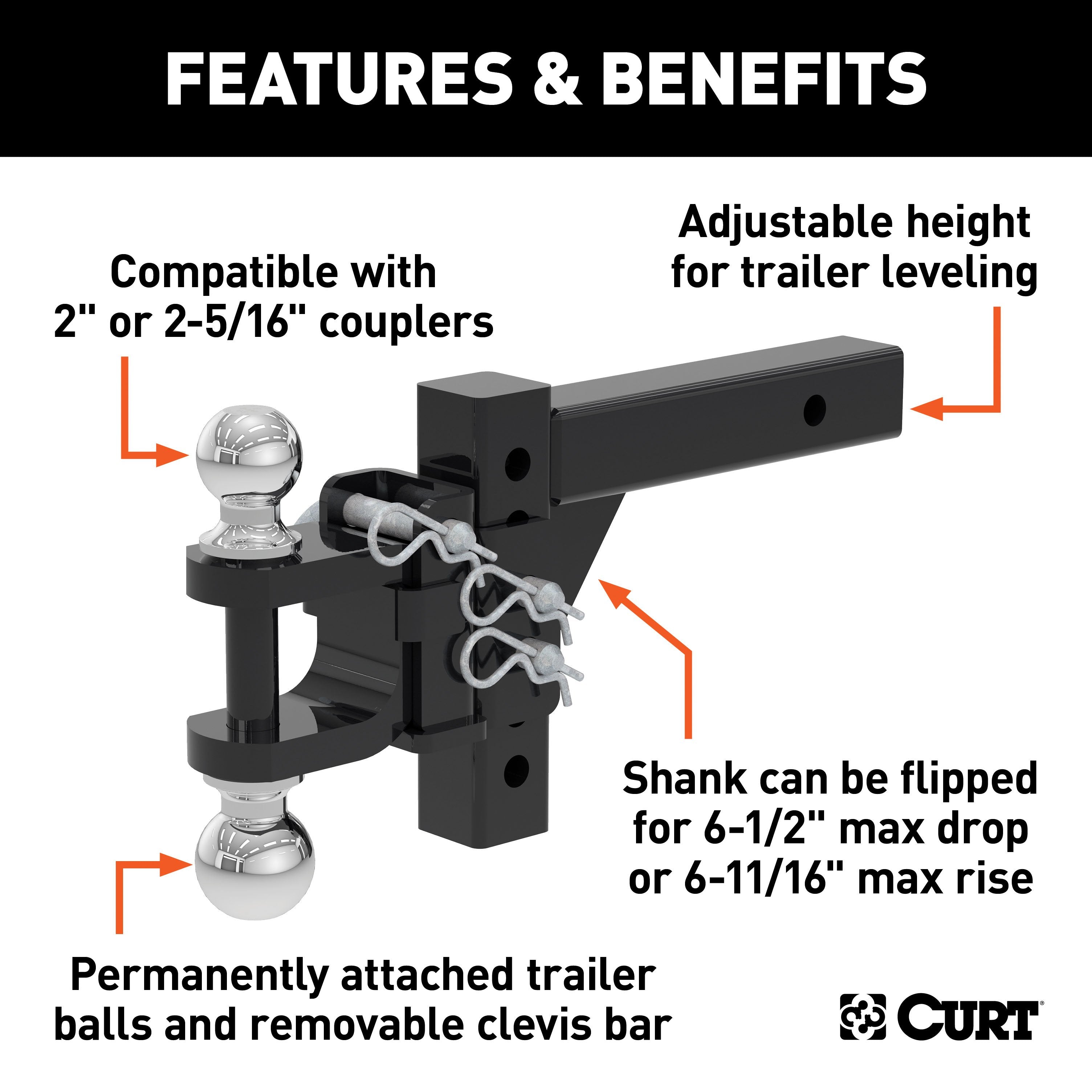CURT Adjustable Trailer Hitch Ball Mount, Fits 2-Inch Receiver, 6-1/2-Inch Drop, 2 and 2-5/16-Inch Balls, 10,000 lbs Model 45049
