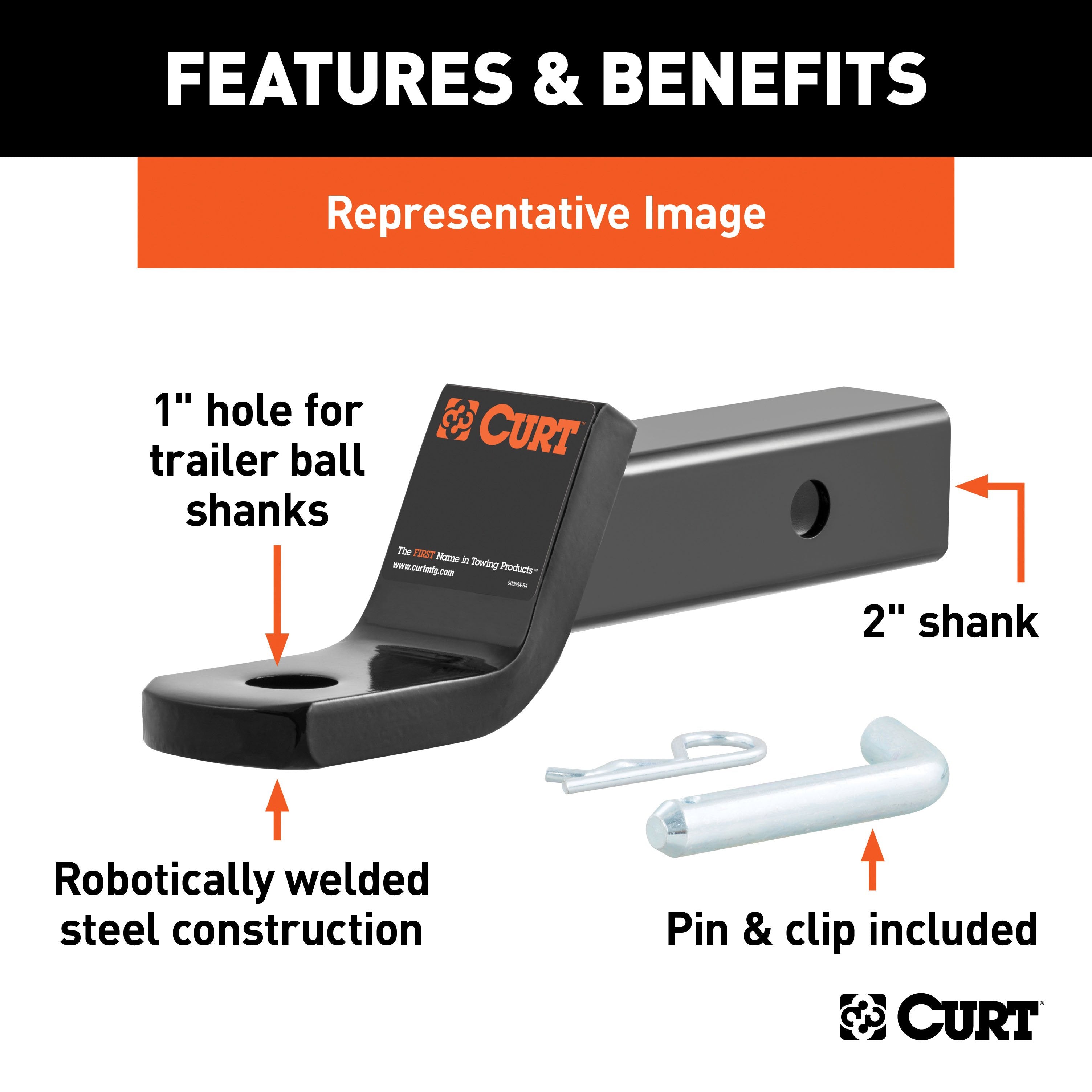 CURT Class 3 Trailer Hitch Ball Mount and Pin, Fits 2-Inch Receiver, 7,500 lbs, 1-Inch Hole, 4-Inch Drop, 2-In Rise Model 45052