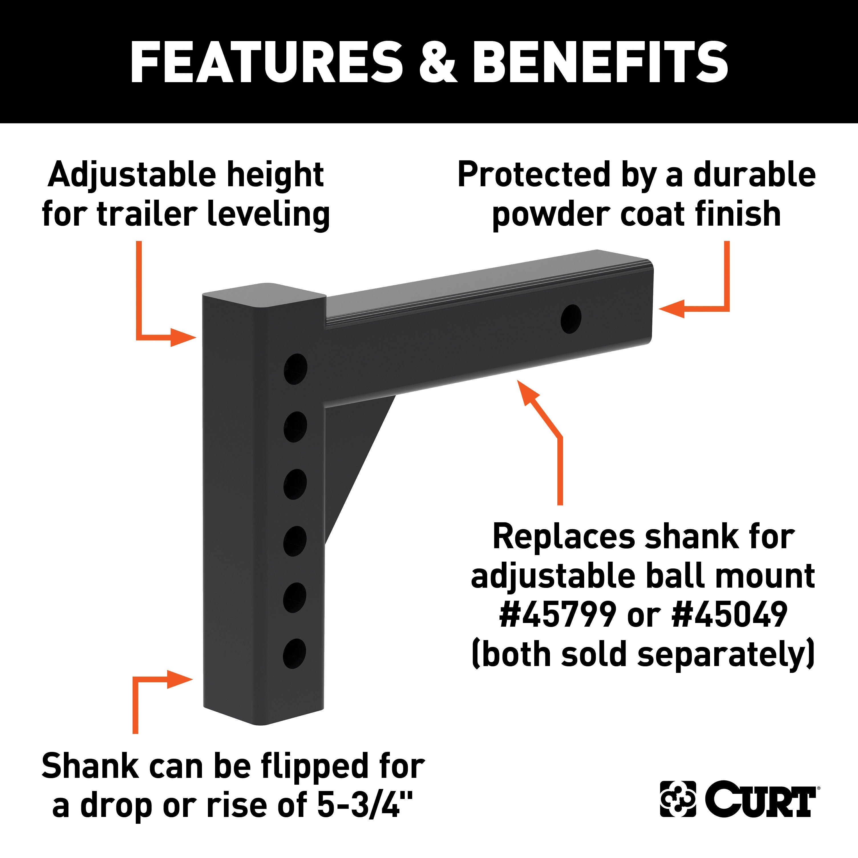 CURT Replacement Shank for Adjustable Trailer Hitch Ball Mount #45799 or #45049, Fits 2-Inch Receiver Model 45059