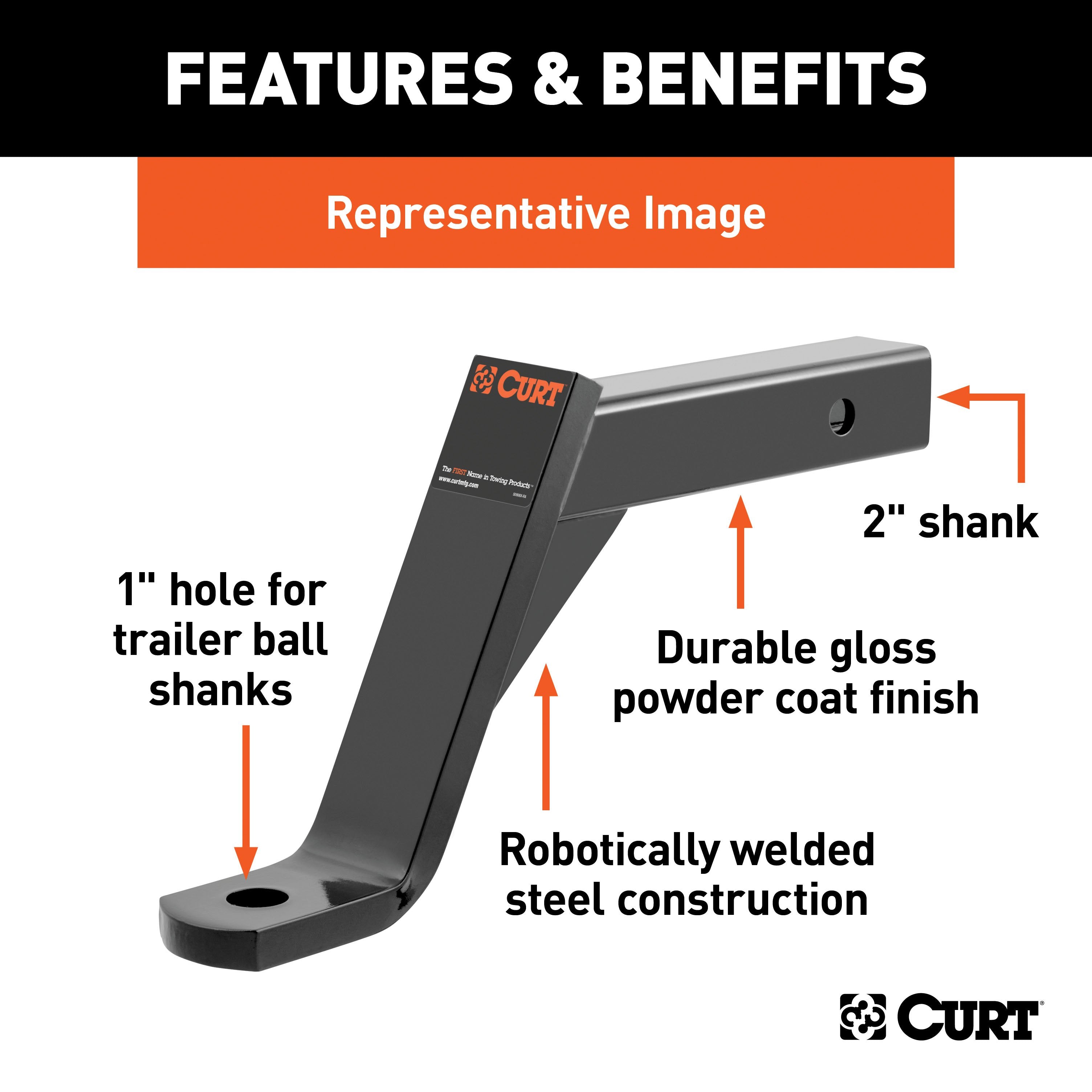 CURT Class 3 Trailer Hitch Ball Mount, Fits 2-Inch Receiver, 5,000 lbs, 1-Inch Hole, 10-Inch Drop Model 45112