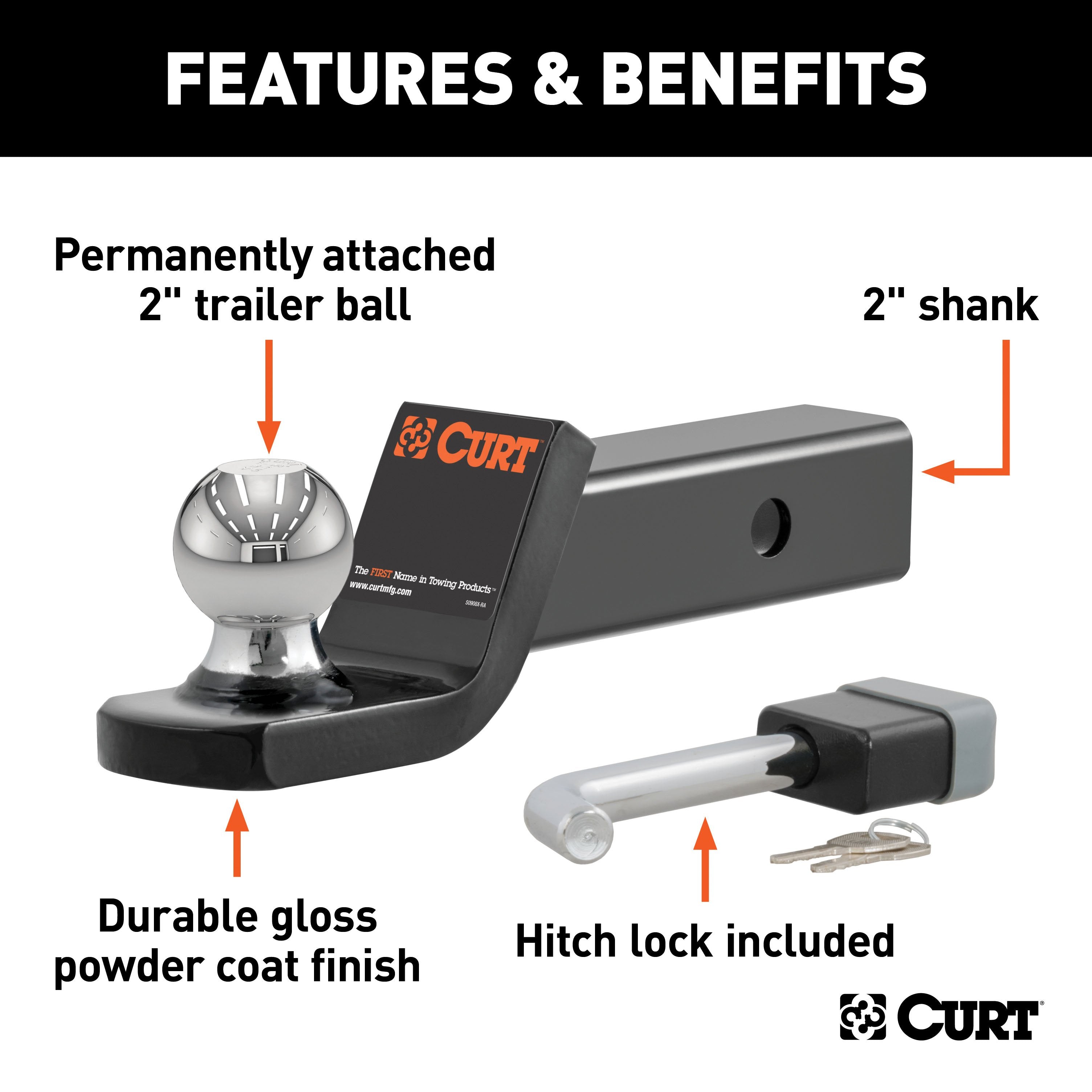 CURT Trailer Hitch Mount, 2-Inch Ball, Lock, Fits 2-In Receiver, 7,500 lbs, 2" Drop Model 45141
