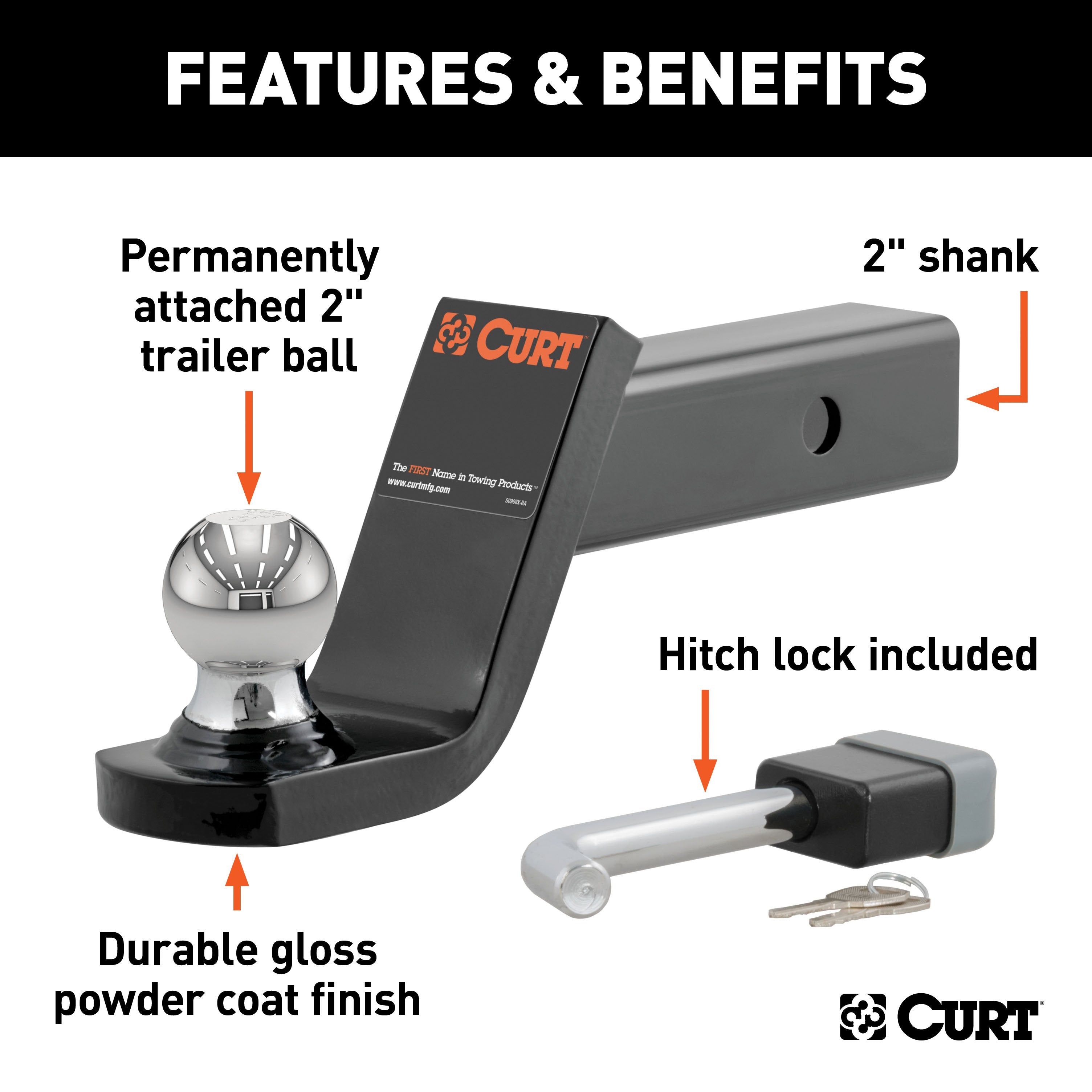 CURT Trailer Hitch Mount, 2-Inch Ball, Lock, Fits 2-In Receiver, 7,500 lbs, 4" Drop Model 45142