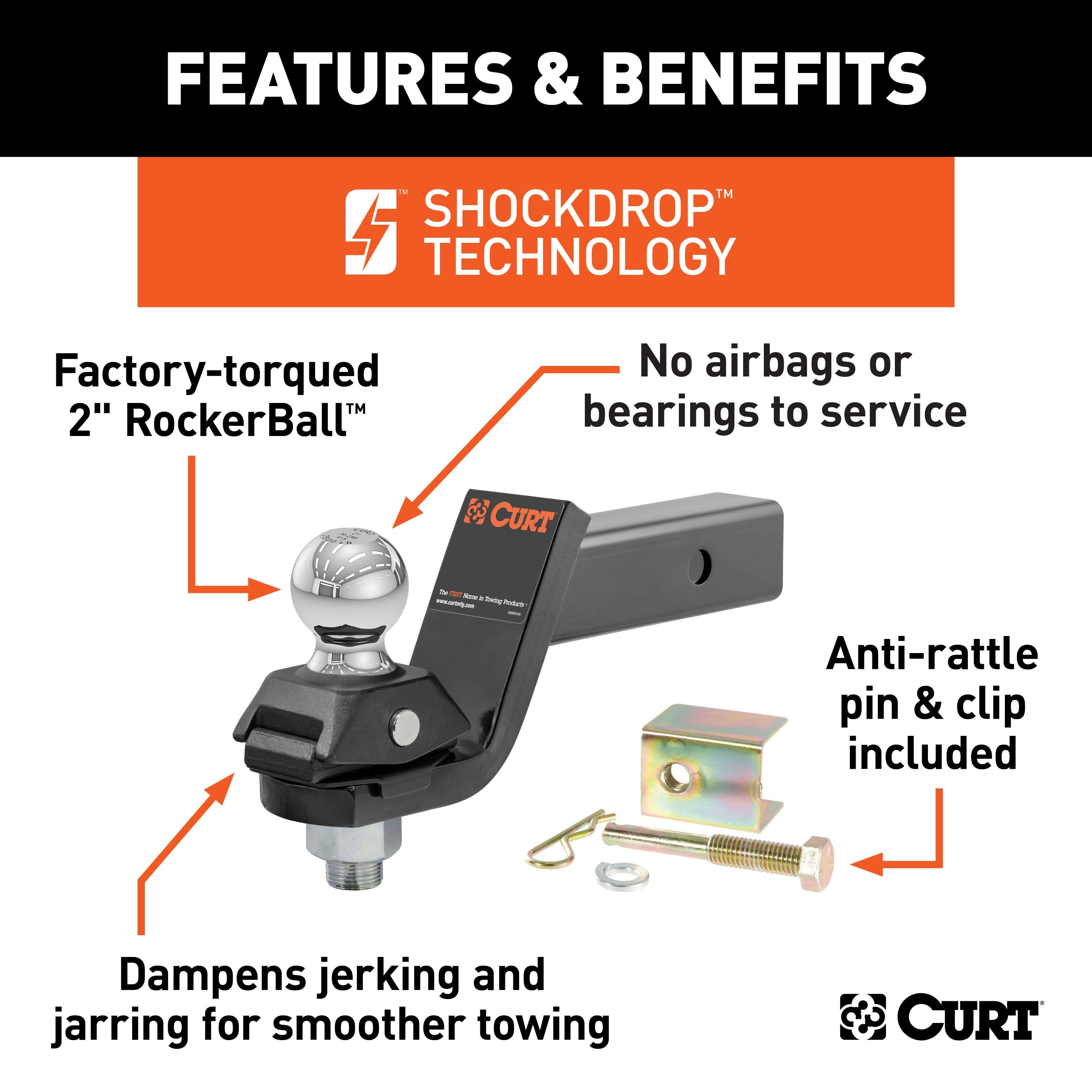 CURT RockerBall Cushion Hitch Ball Mount, 7,500 lbs 2-Inch Diameter, 2-In Shank, 3" Drop, Anti-Rattle Pin Model 45143