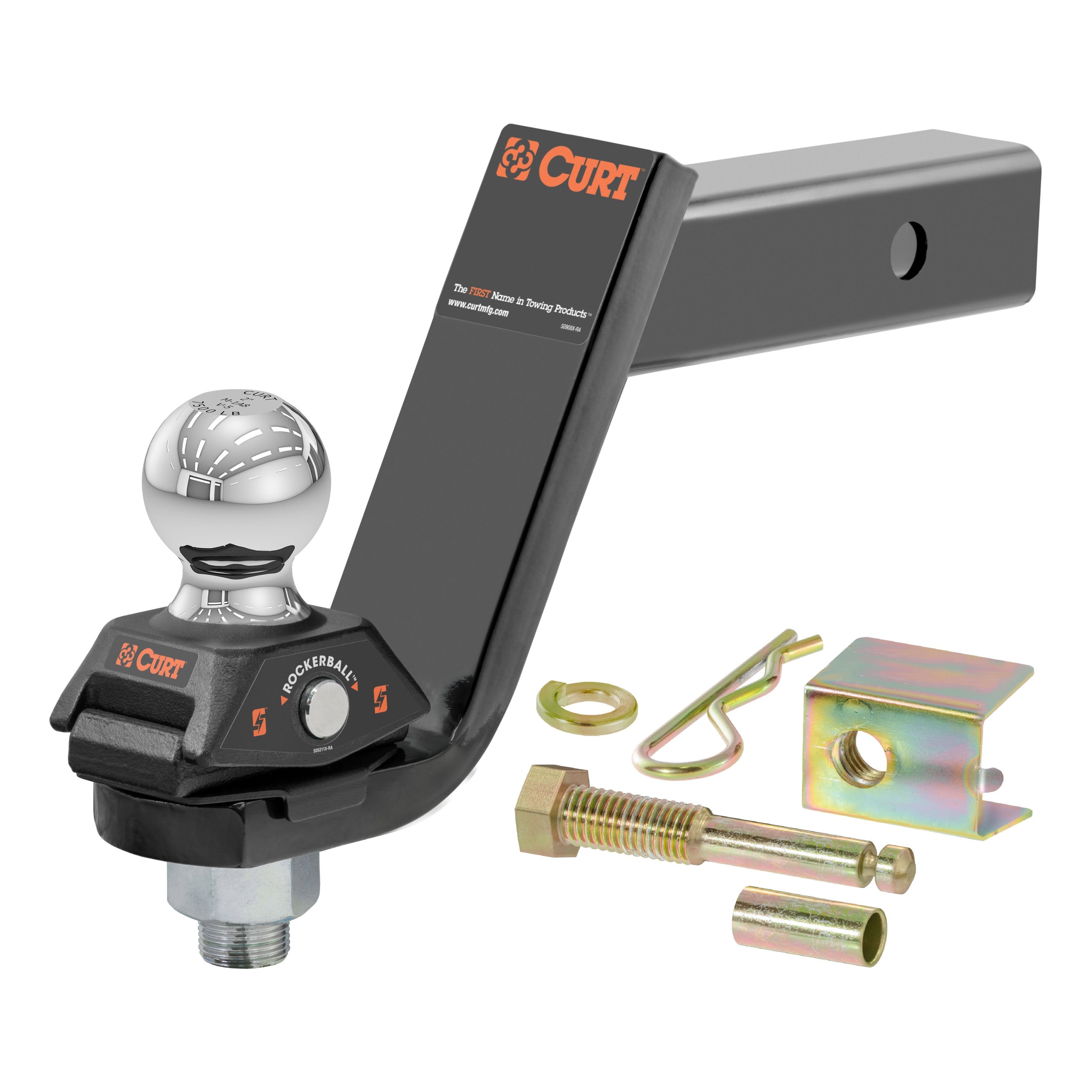 CURT RockerBall Cushion Hitch Ball Mount, 7,500 lbs 2-Inch Diameter, 2-In Shank, 5" Drop, Anti-Rattle Pin Model 45144