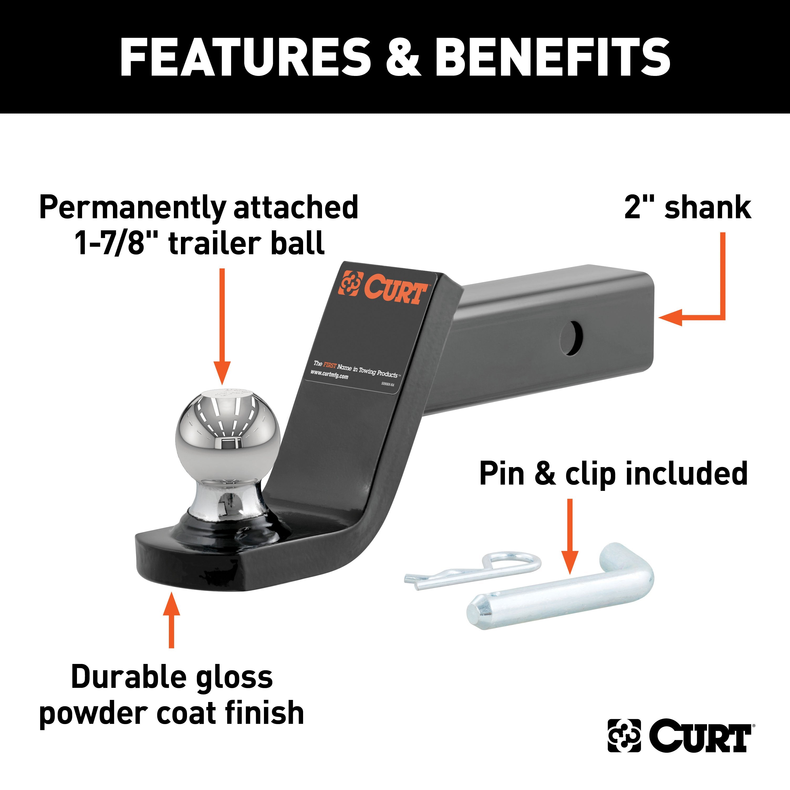 CURT Fusion Trailer Hitch Mount with 1-7/8-Inch Ball & Pin, Fits 2-Inch Receiver, 5,000 lbs, 4-Inch Drop Model 45151