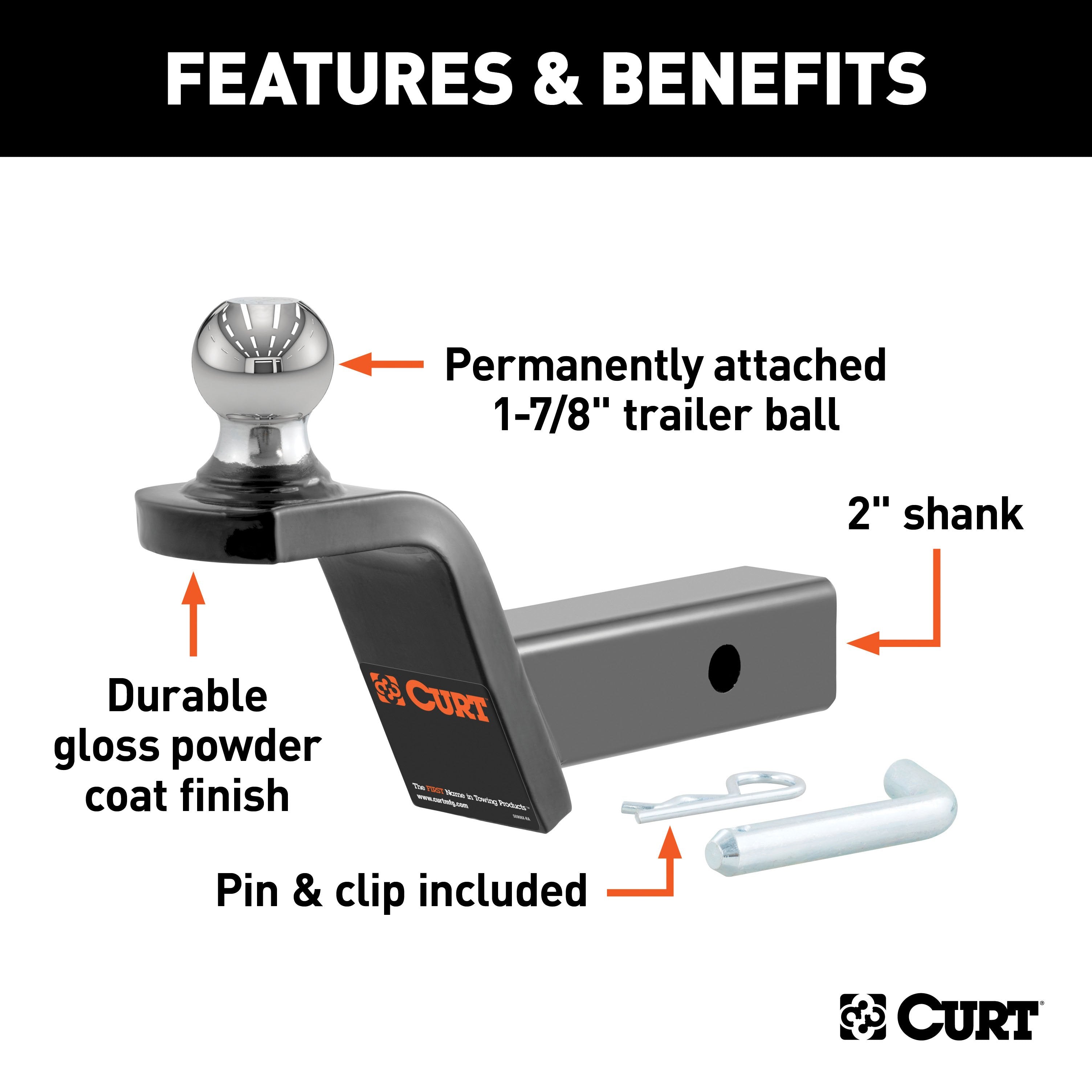 CURT Fusion Trailer Hitch Mount with 1-7/8-Inch Ball & Pin, Fits 2-Inch Receiver, 5,000 lbs, 2-In Rise Model 45152