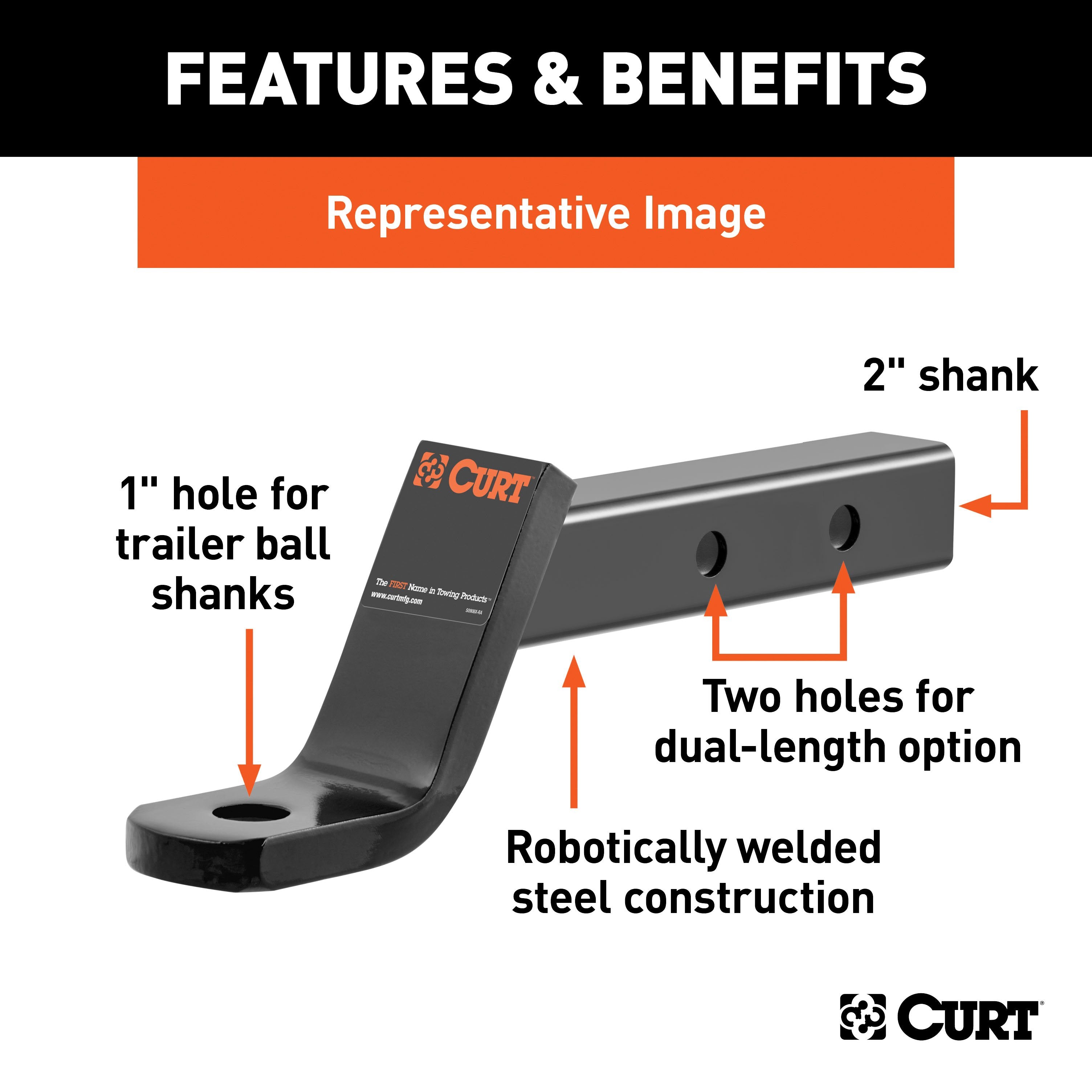 CURT Dual Length Trailer Hitch Ball Mount, 9-1/4-Inch or 12-1/4-Inch Length, Fits 2-Inch Receiver, 7,500 lbs, 1-Inch Hole, 6-Inch Drop Model 45240