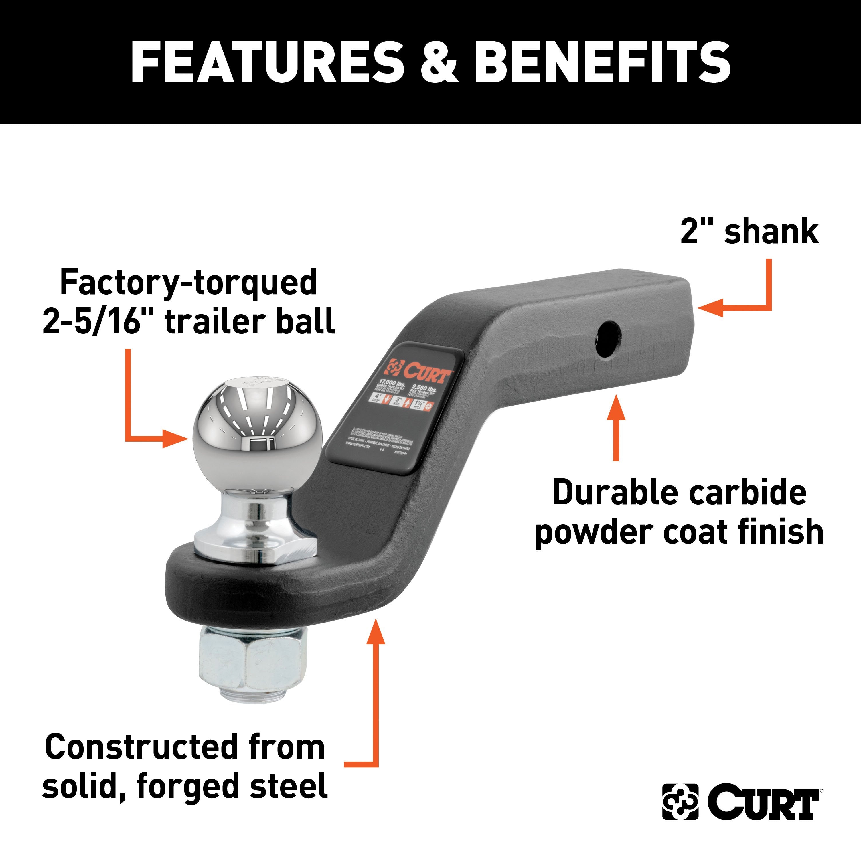 CURT Trailer Hitch Mount with 2-5/16-Inch Ball & Pin, Fits 2-Inch Receiver, 15,000 lbs, 4-Inch Drop Model 45332